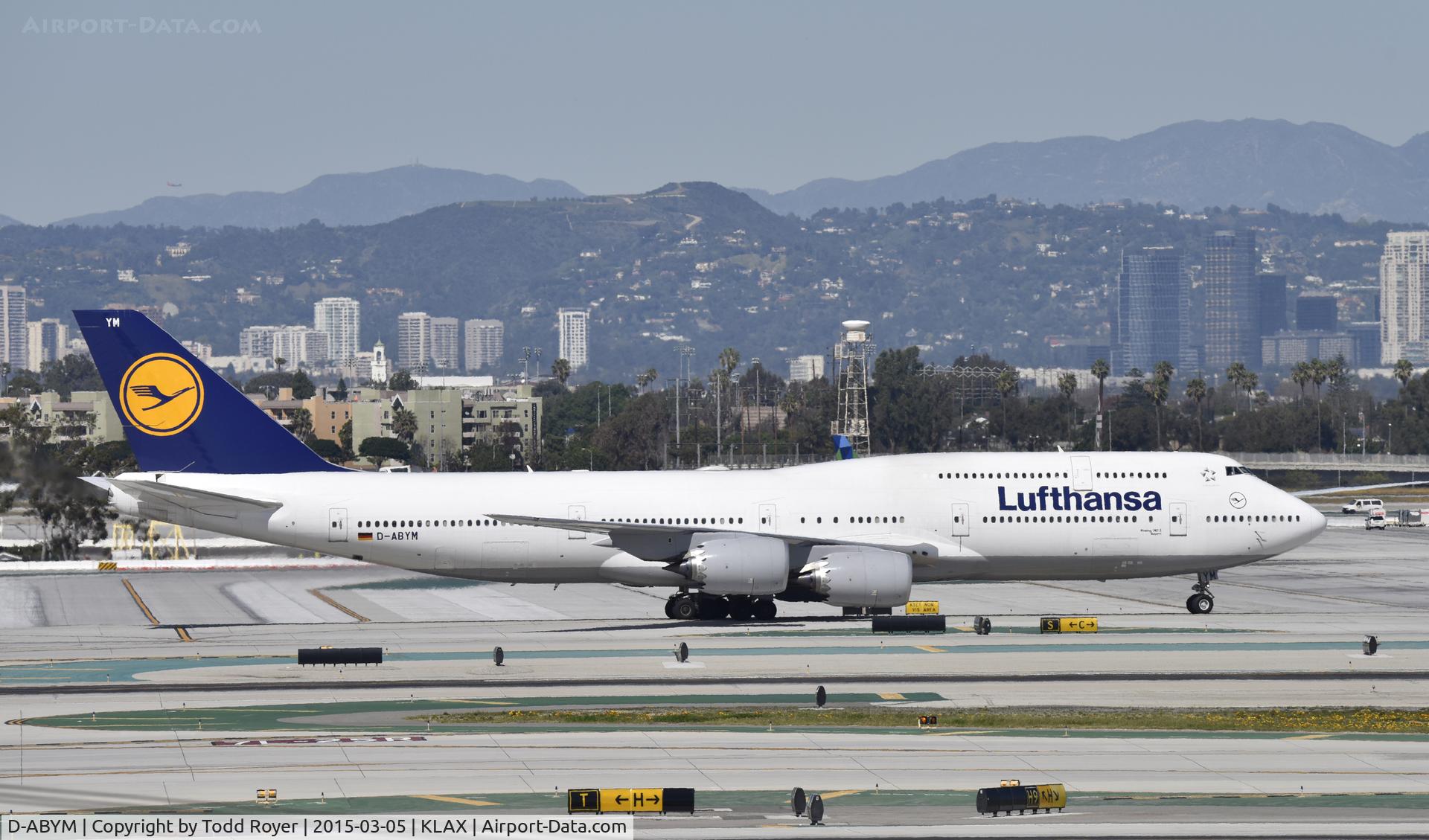 D-ABYM, 2014 Boeing 747-830 C/N 37837, Taxiing to gate at LAX