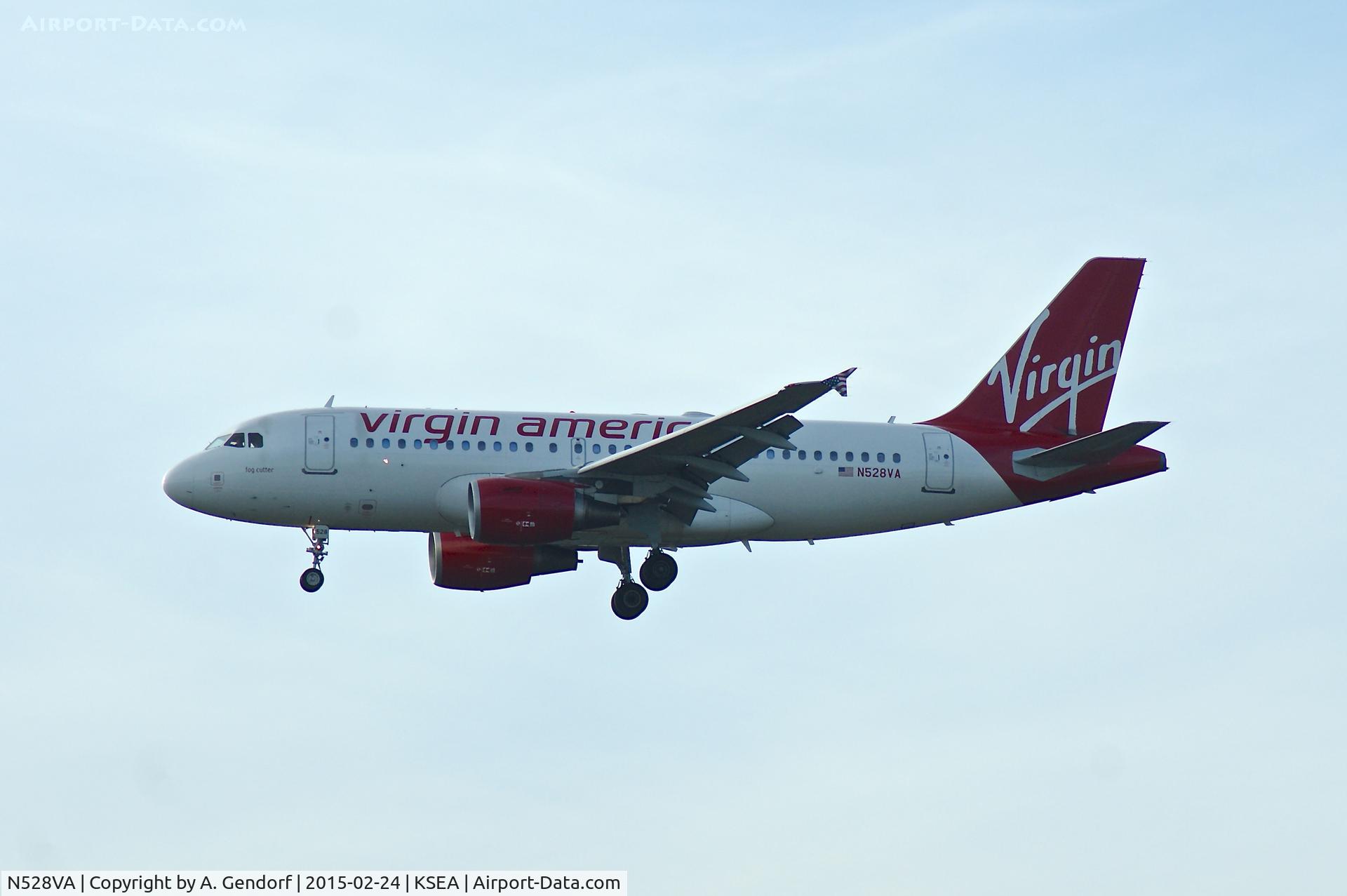 N528VA, 2008 Airbus A319-112 C/N 3445, Virgin America, is here landing at Seattle-Tacoma Int'l(KSEA)