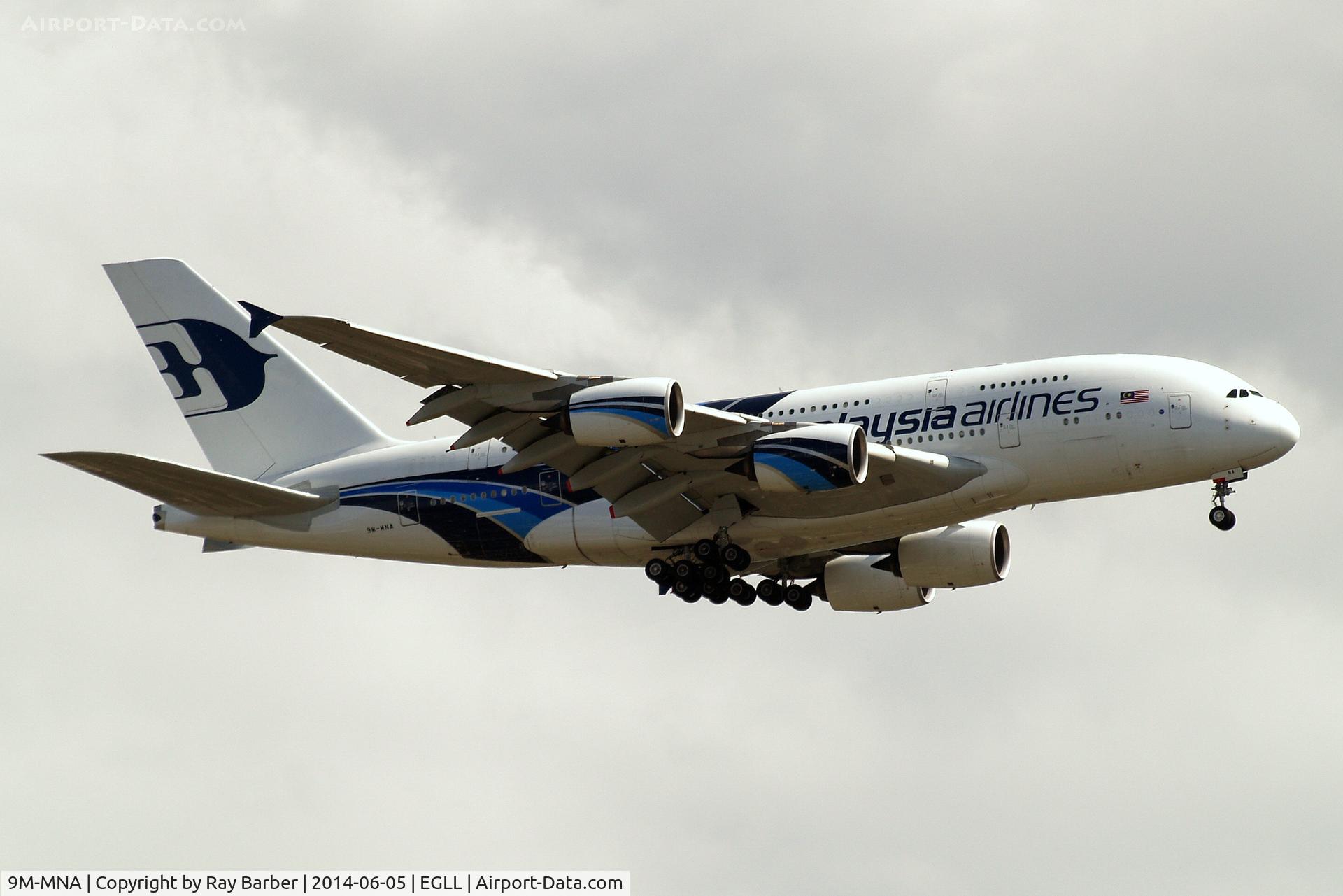 9M-MNA, 2011 Airbus A380-841 C/N 078, 9M-MNA   Airbus A380-841 [078] (Malaysia Airlines) Home~G 05/06/2014. On approach 27L.