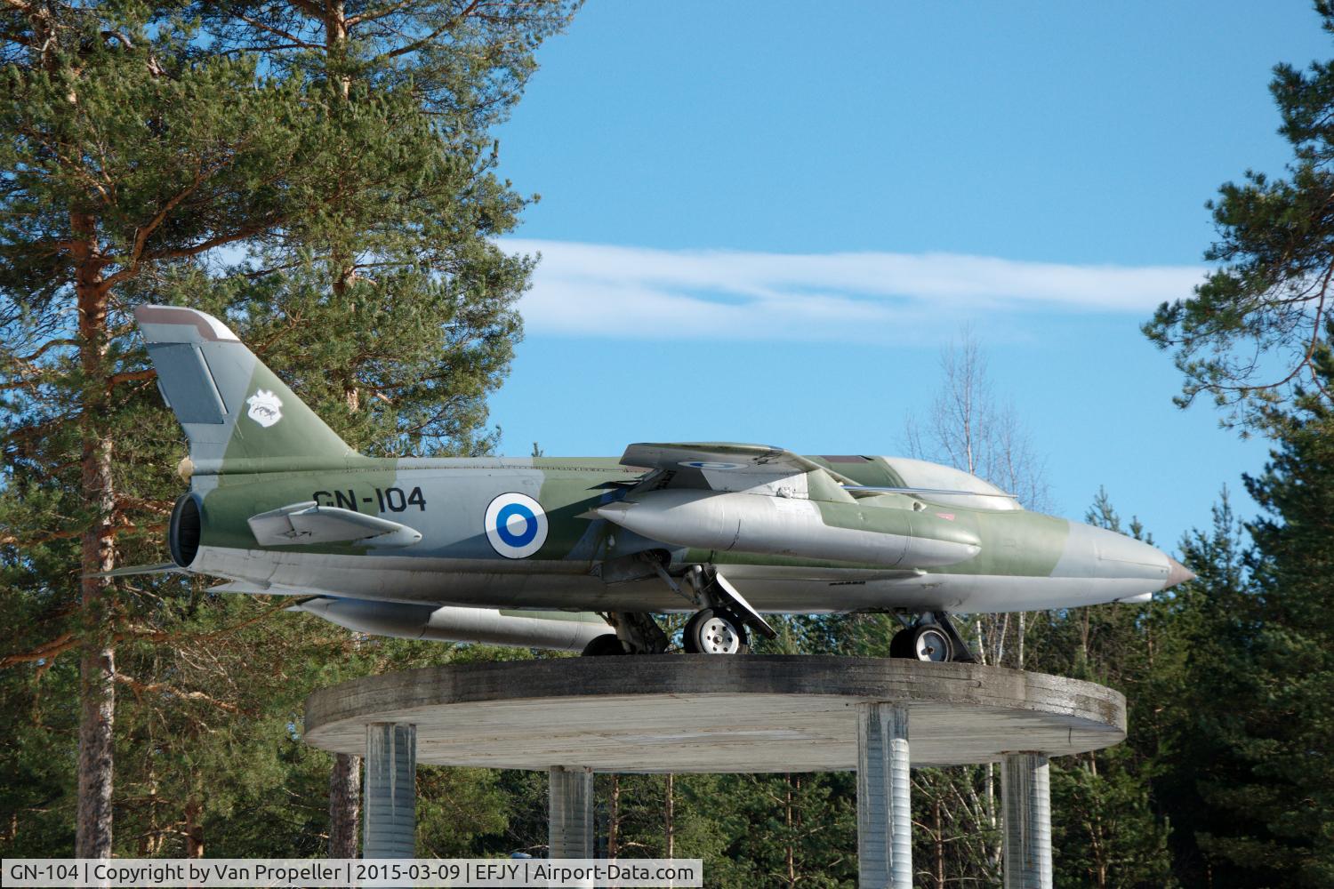 GN-104, Folland Gnat F.1 (Fo-141) C/N FL19, Folland Gnat F.1 of the Finnish Air Force displayed on a pedestal near the entrance to the Aviation Museum of Central Finland at Tikkakoski.