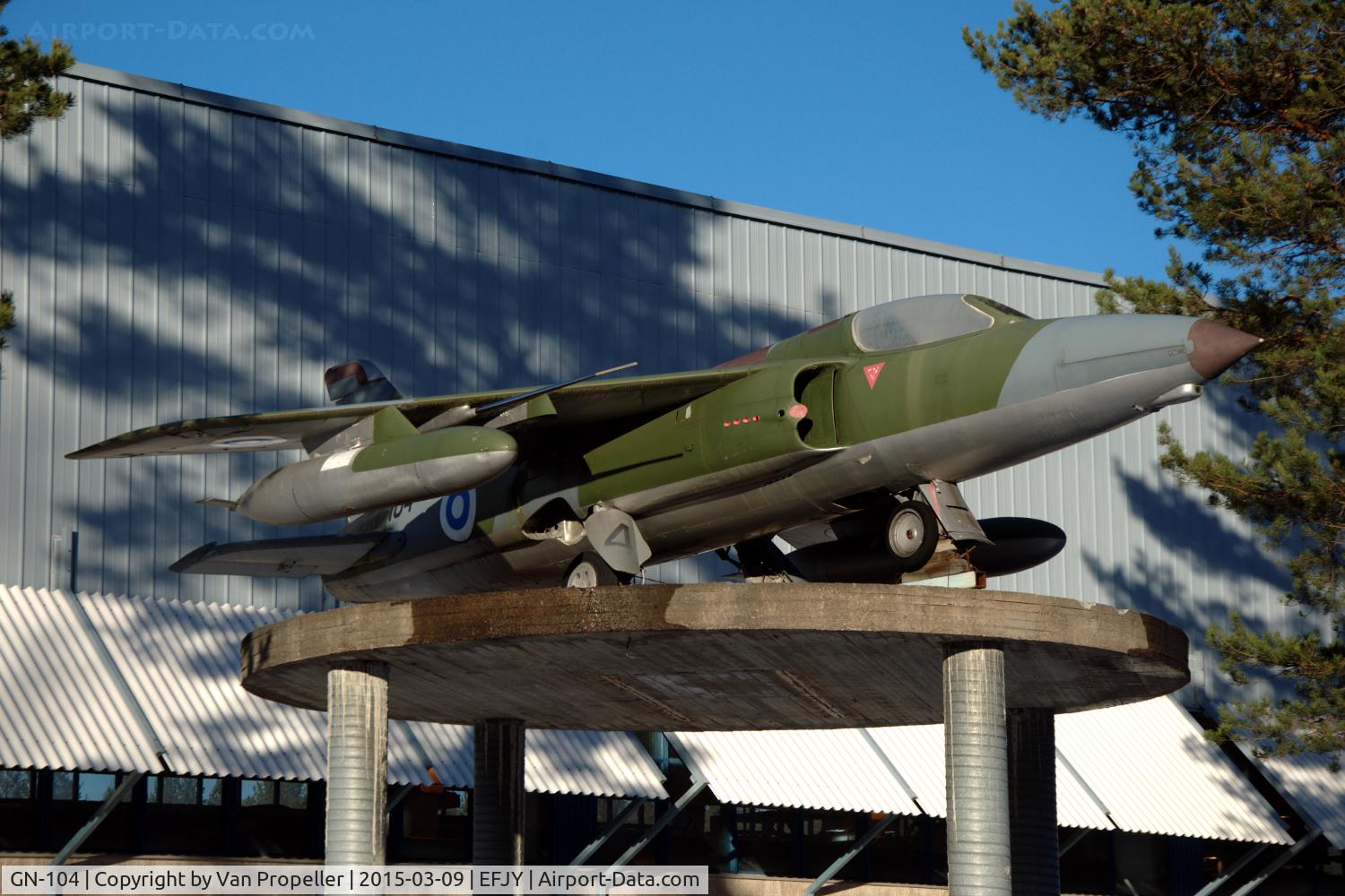 GN-104, Folland Gnat F.1 (Fo-141) C/N FL19, Folland Gnat F.1 of the Finnish Air Force displayed on a pedestal near the entrance to the Aviation Museum of Central Finland at Tikkakoski.
