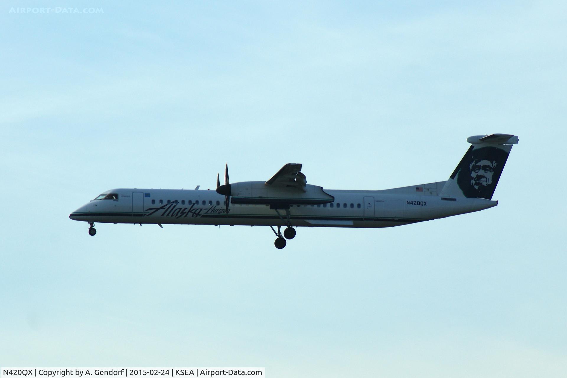 N420QX, 2007 Bombardier DHC-8-402 Dash 8 C/N 4147, Horizon Air, is on finals RWY 16C at Seattle-Tacoma Int'l(KSEA)