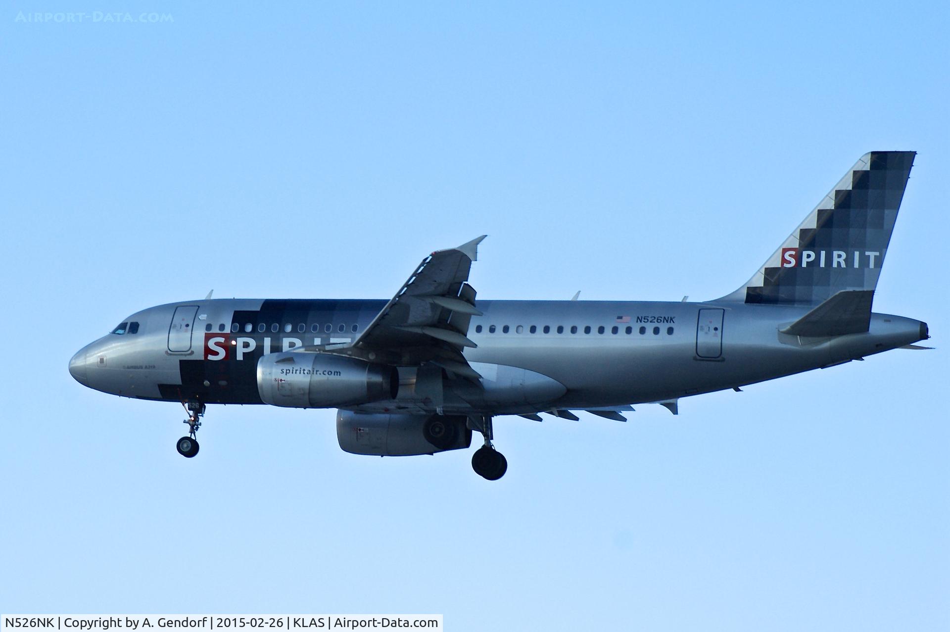 N526NK, 2006 Airbus A319-132 C/N 2963, Spirit Airlines, is here landing at Las Vegas Int'l(KLAS)