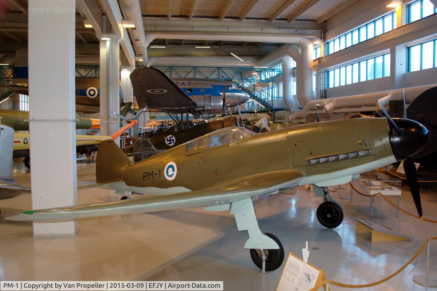 PM-1, 1945 VL Pyörremyrsky C/N 1, VL Pyörremyrsky (Hurricane) wooden fighter prototype preserved in the Aviation Museum of Central Finland at Tikkakoski.  It was developed during WW2 for the Finnish Air Force, first flight 21 nov. 1945. The project was cancelled soon afterwards.
