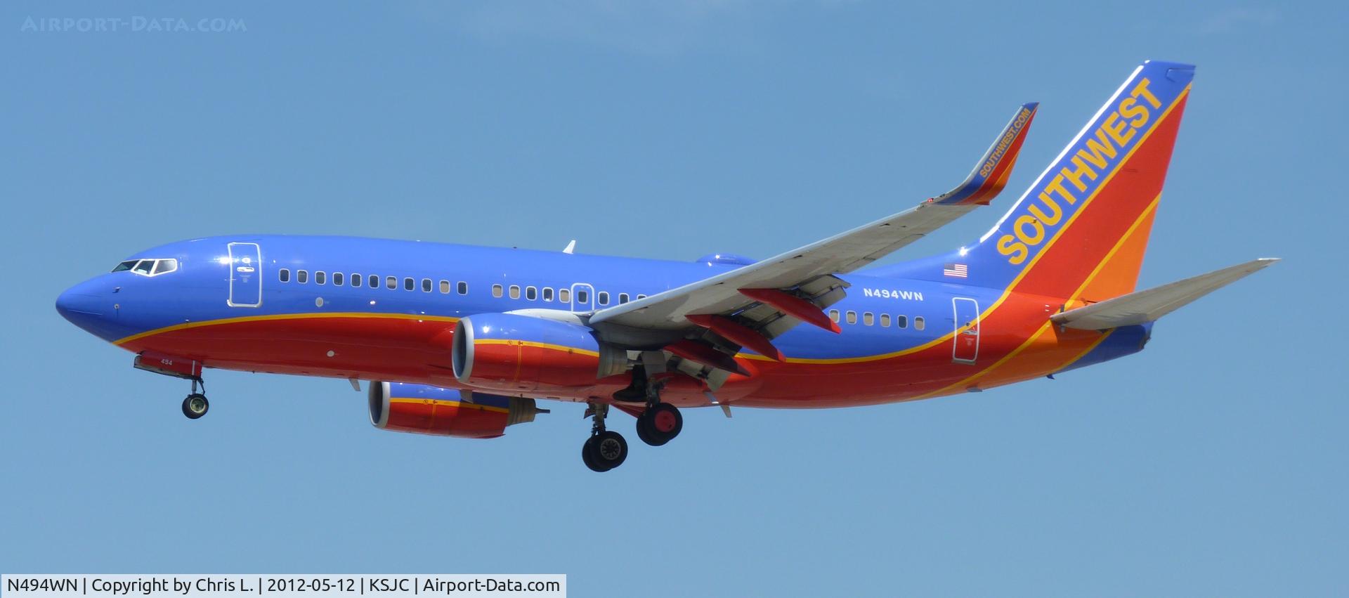 N494WN, 2004 Boeing 737-7H4 C/N 33868, A 2004 Boeing 737-700 landing on 30L at San Jose International.