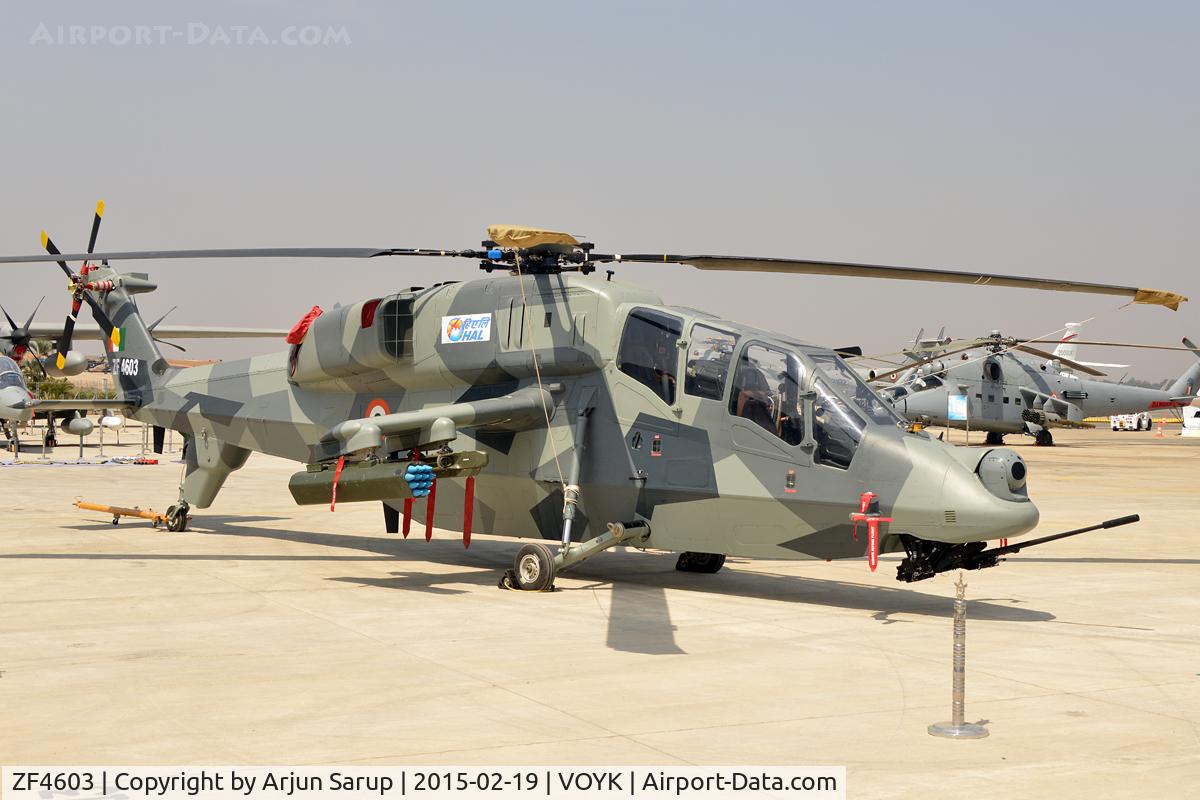 ZF4603, 2014 Hindustan Aeronautics LCH C/N TD-3, On static display at Aero India 2015, wearing a new splinter camouflage.