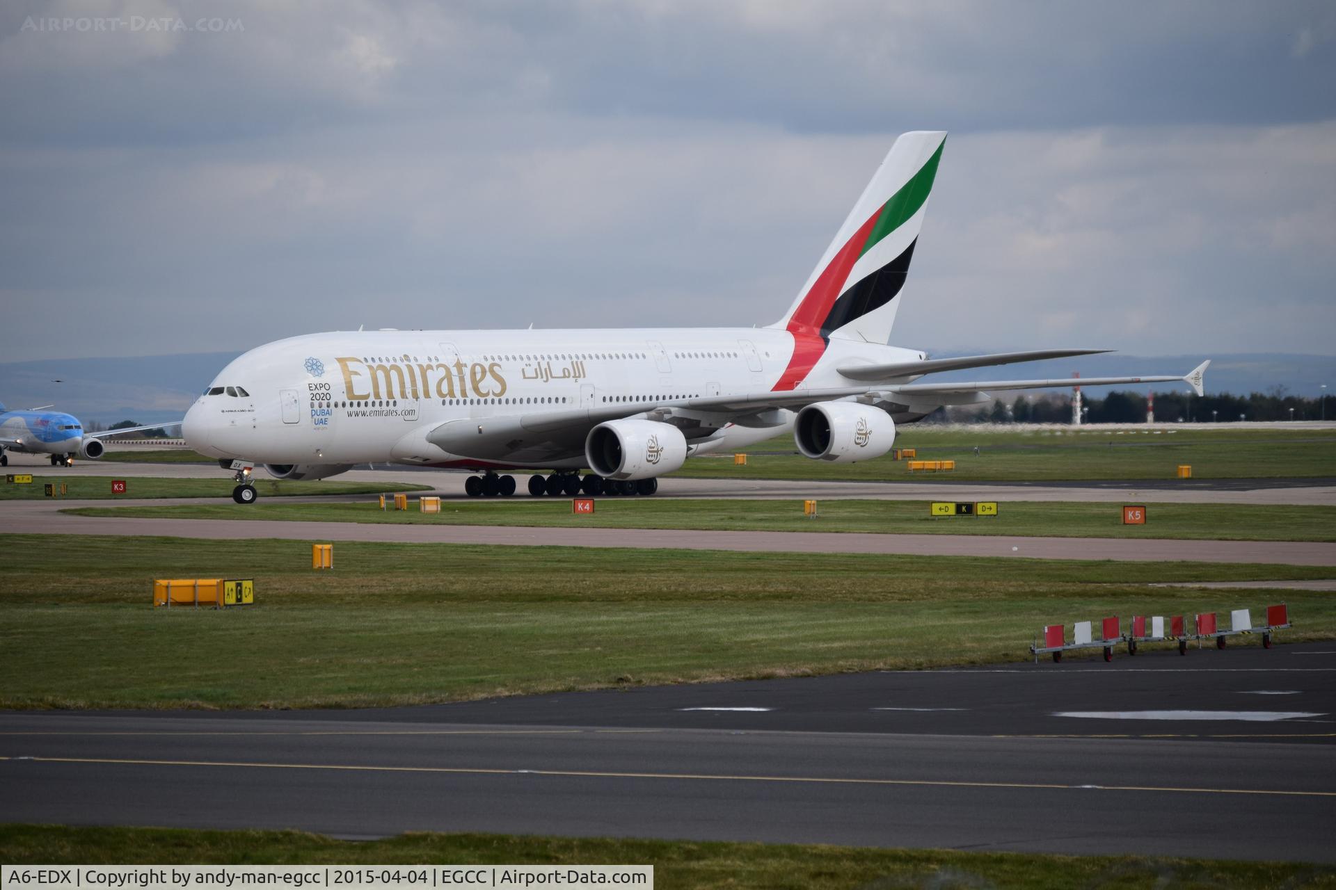 A6-EDX, 2012 Airbus A380-861 C/N 105, taxing to its stand from dept the runway

photo taken from the AVP