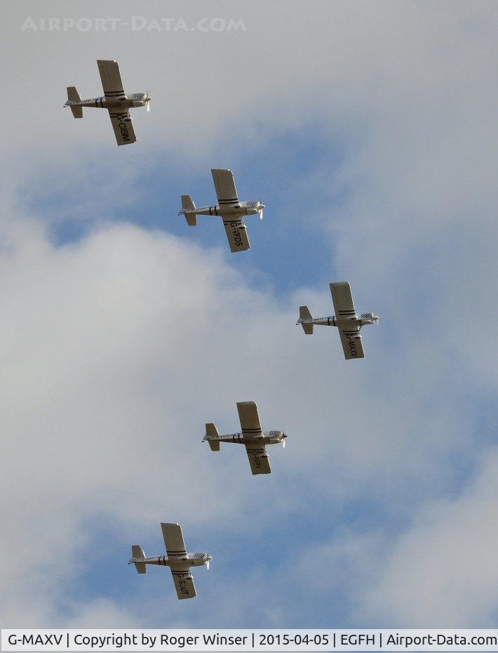 G-MAXV, 2000 Vans RV-4 C/N PFA 181-13266, Raven 1 leading Team Raven in a 5-ship formation. Ravens 2 to 5 are RV-8 aircraft. Seen approaching Runway 22 at Swansea Airport.