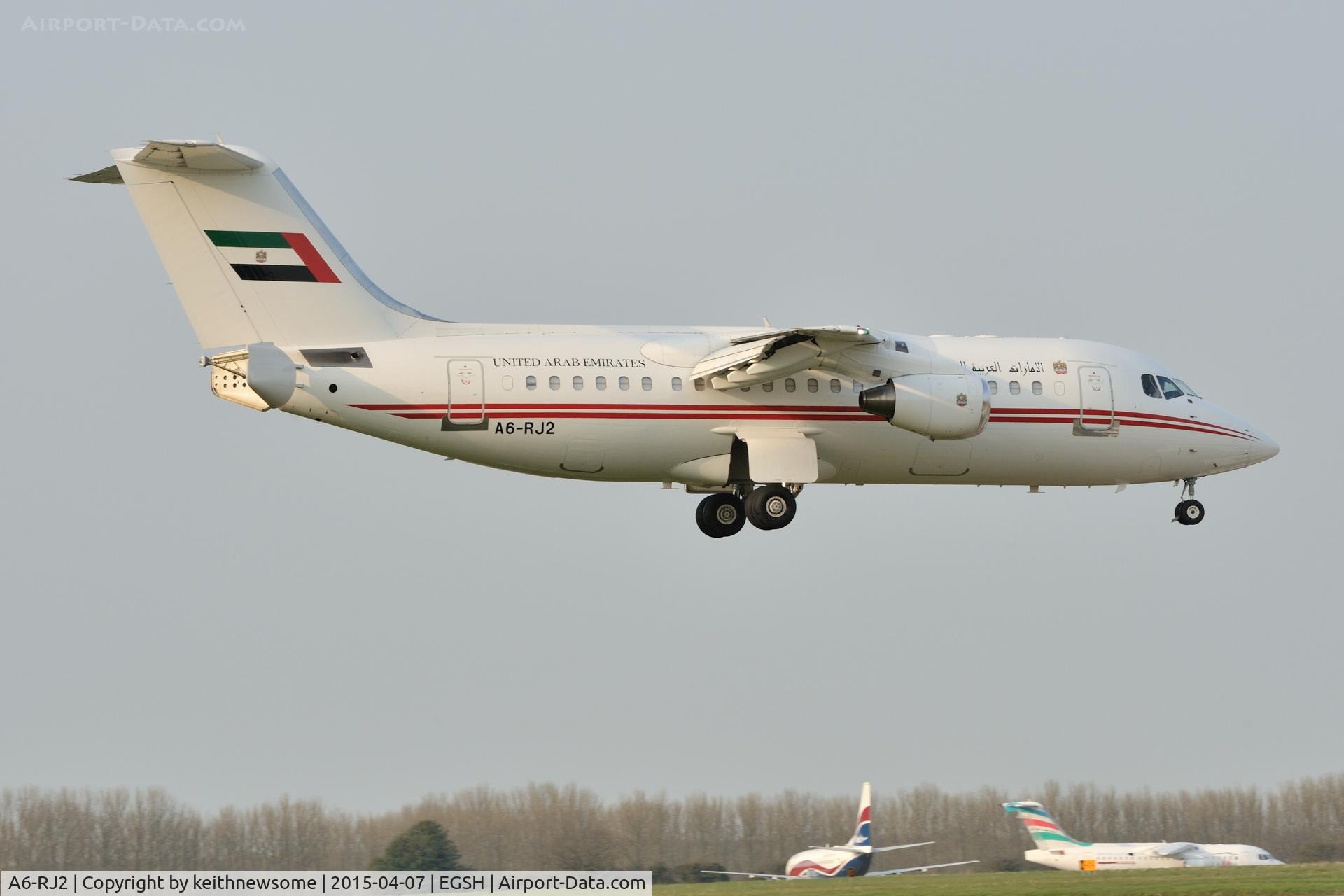 A6-RJ2, 1998 British Aerospace Avro 146-RJ85A C/N E2325, Landing onto runway 09.