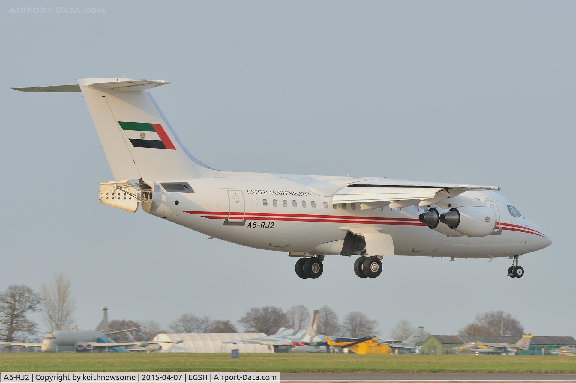 A6-RJ2, 1998 British Aerospace Avro 146-RJ85A C/N E2325, Landing onto runway 09.