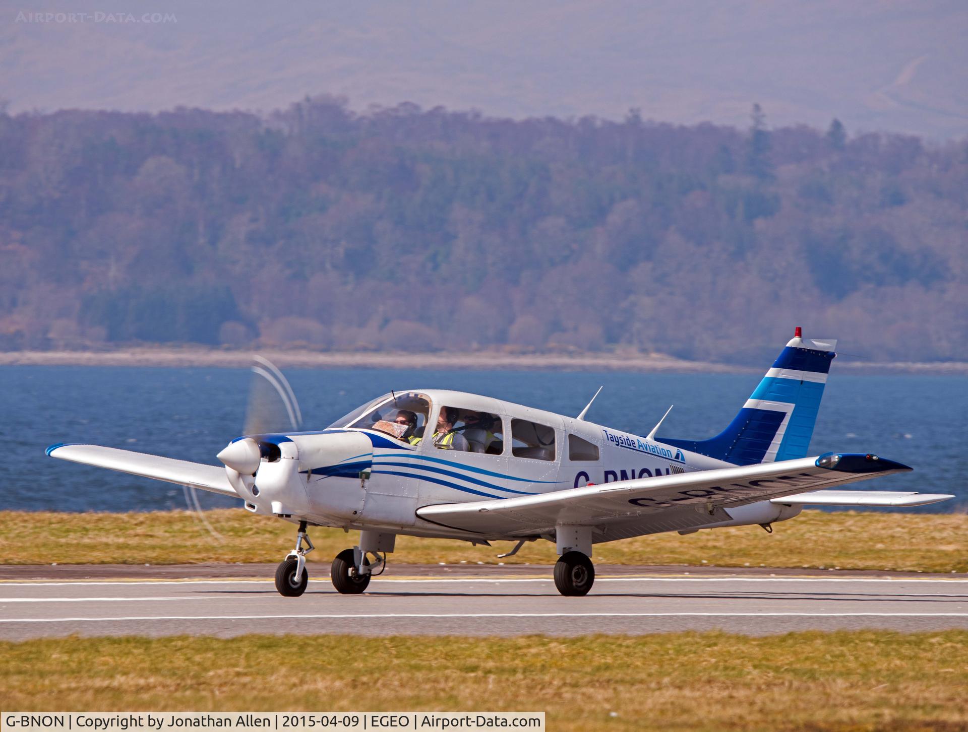 G-BNON, 1987 Piper PA-28-161 Cherokee Warrior II C/N 2816025, About to depart from Oban Airport.