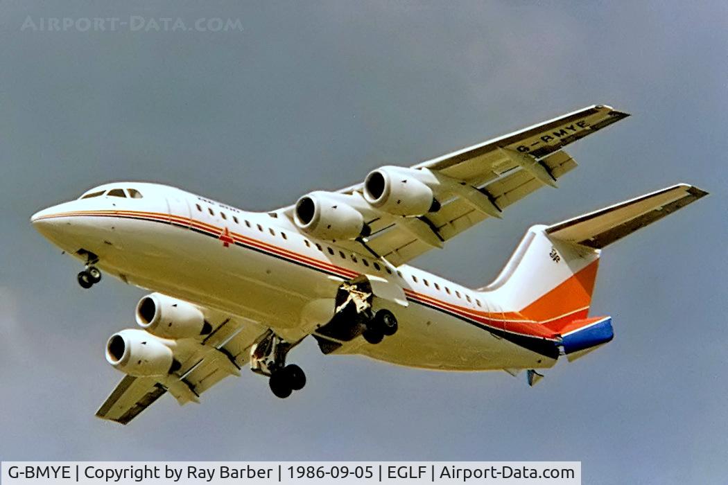 G-BMYE, 1982 British Aerospace BAe.146-200 C/N E2008, British Aerospace BAe 146-200 [E2008] (BAe Systems) Farnborough~G 05/09/1986. From a slide.