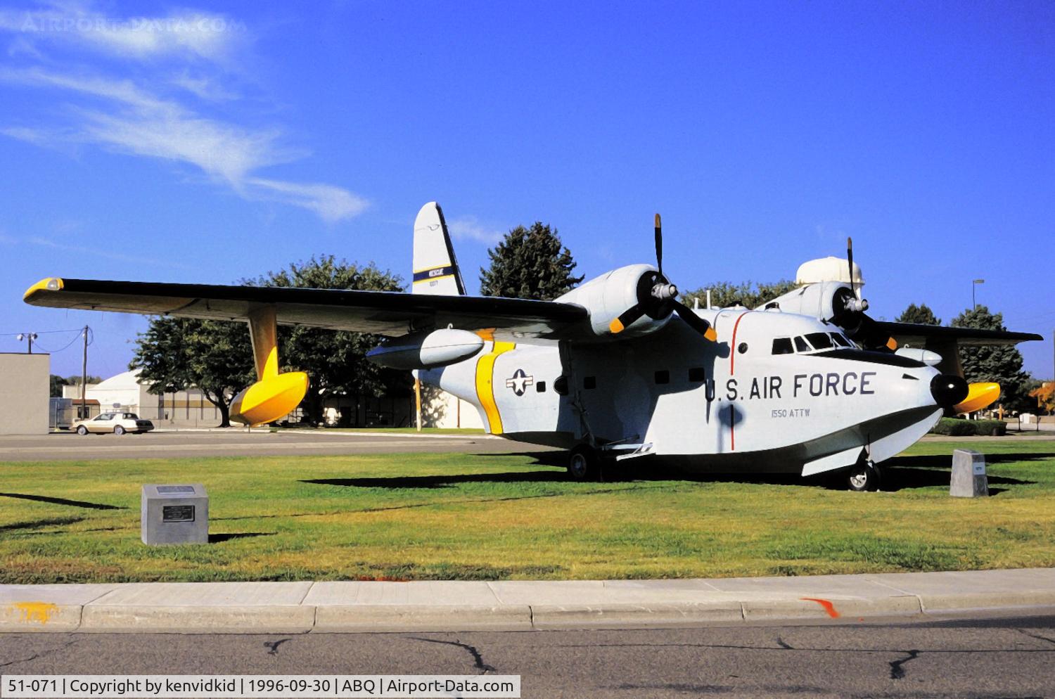 51-071, Grumman HU-16B Albatross C/N G-302, Copied from slide.
Actually USCG 1280 painted as 51-071 to represent HU-16 destroyed in Vietnam whilst trying to rescue a downed F-4 crew.