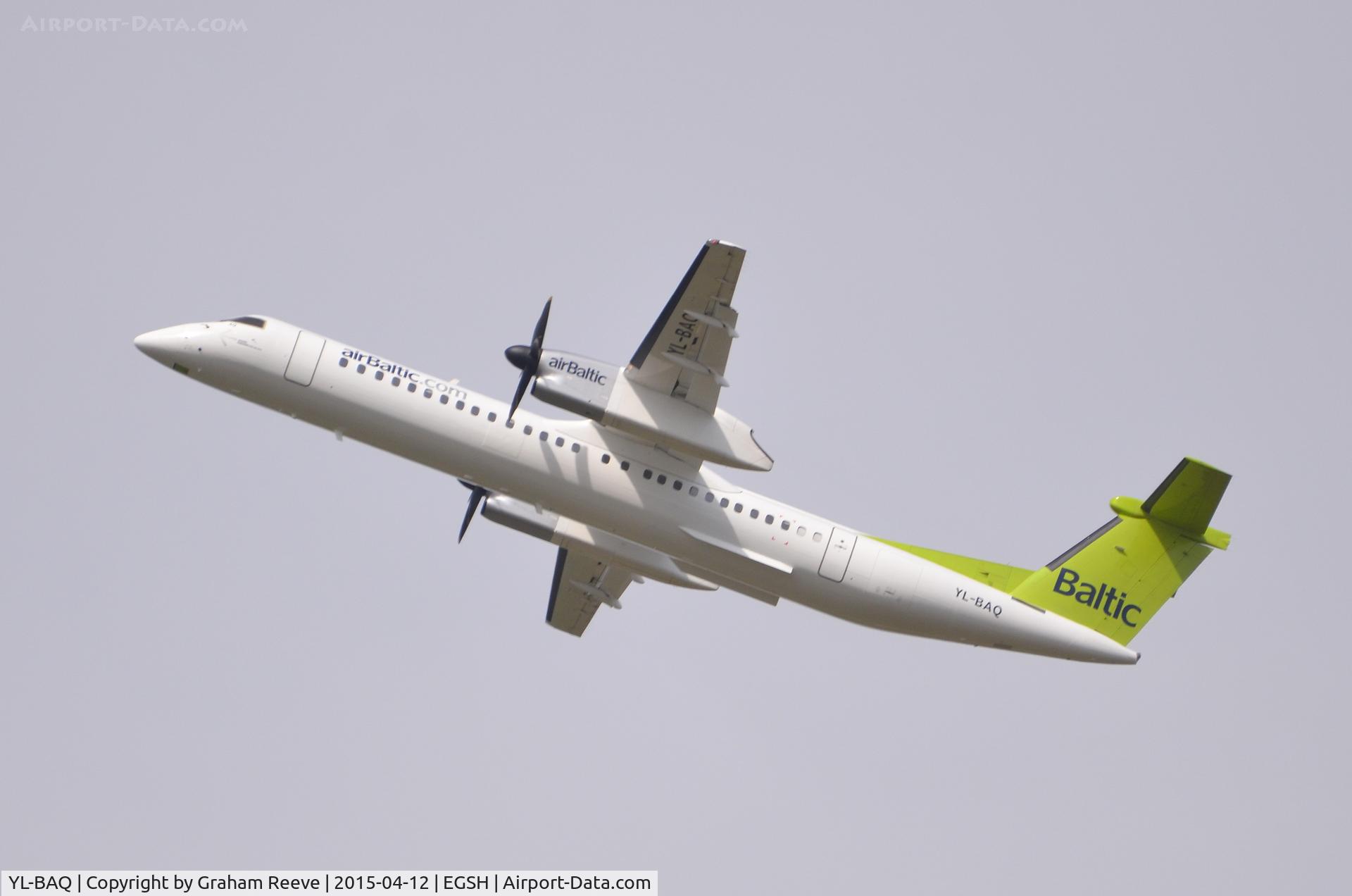 YL-BAQ, 2010 De Havilland Canada DHC-8-402Q Dash 8 C/N 4313, Air Baltic DHC-8 departing from Norwich.