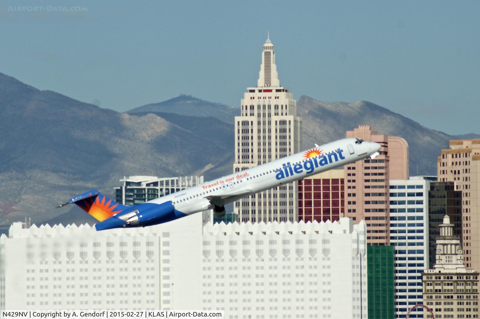 N429NV, 1985 McDonnell Douglas MD-83 (DC-9-83) C/N 49385, Allegiant Air, is here climbing out at Las Vegas Int'l(KLAS)