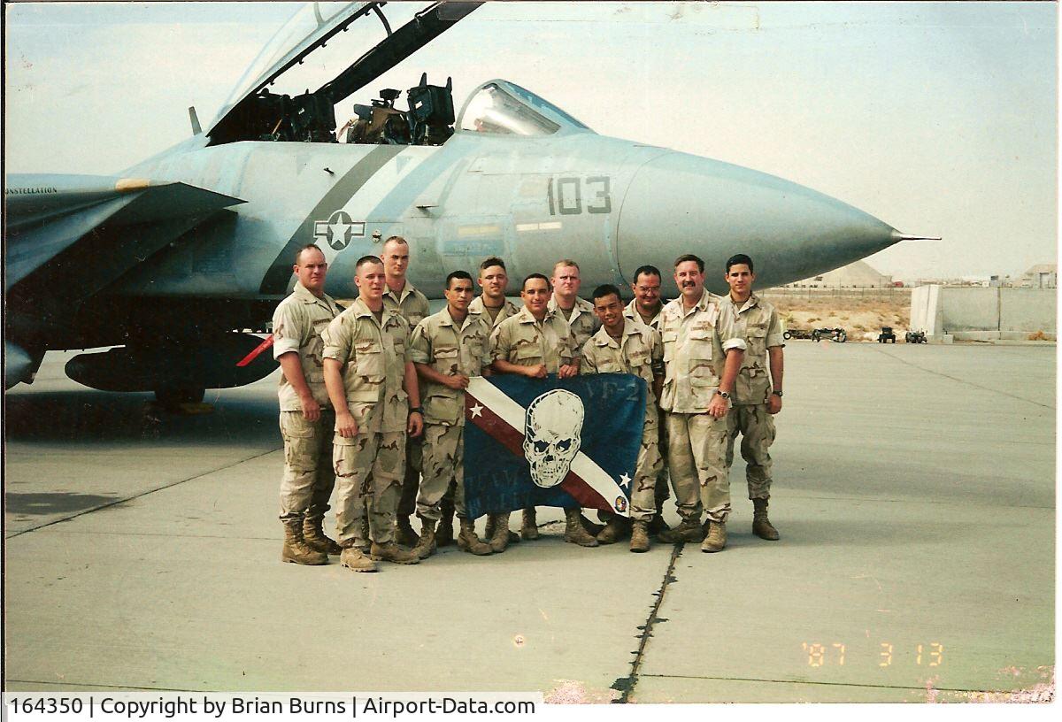 164350, Grumman F-14D Tomcat C/N 625, F-14D 164350 A/C 103  assigned to Fighter Squadron TWO (VF-2 Bounty Hunters ) deployed with CV-64 at Al Jaber Air Base Kuwait. VF-2's Beach Det led by their MMCO  LT Brian Burns was assigned to repair the  aircraft after sustaining tail hook damage.
