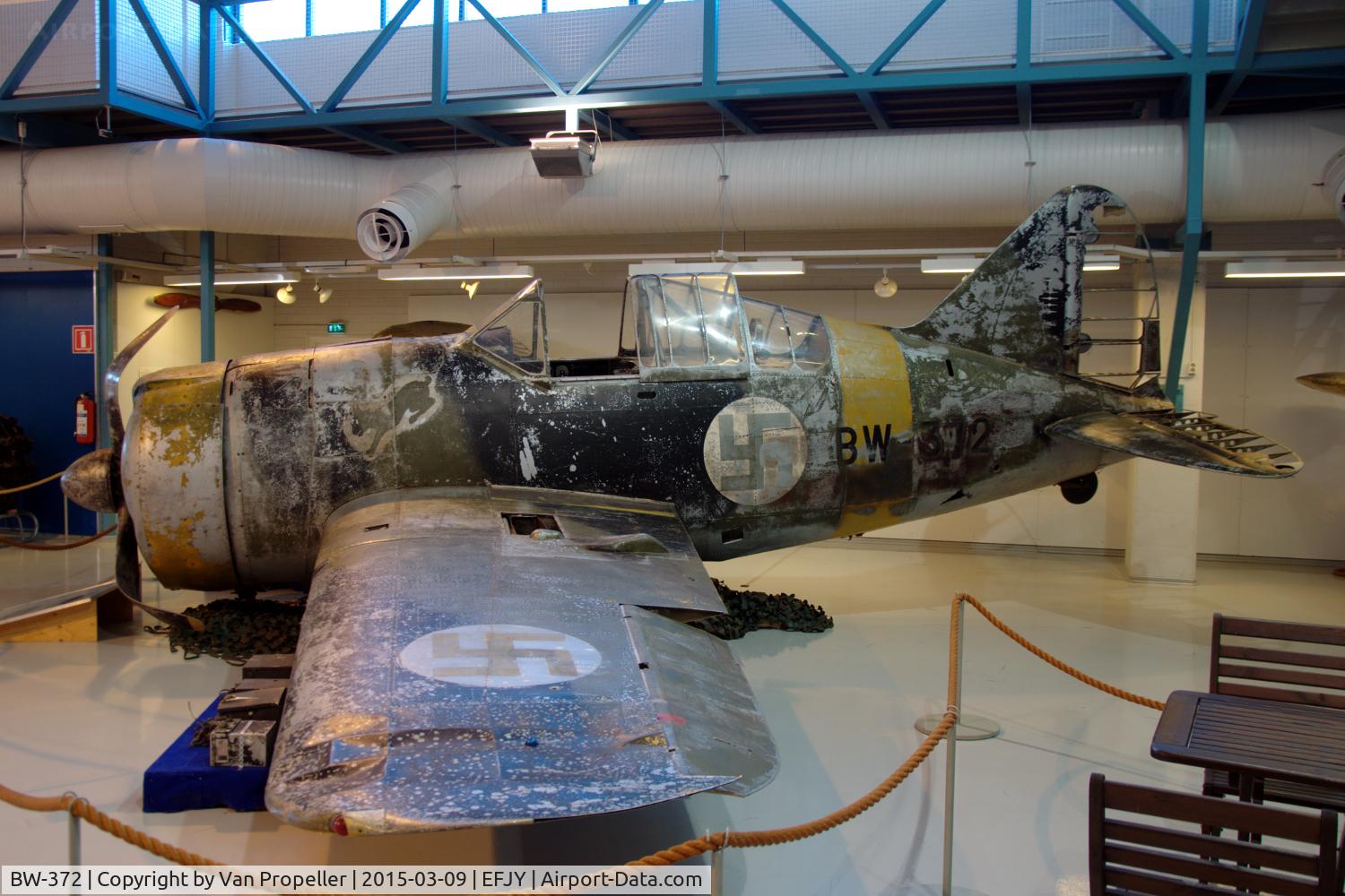 BW-372, Brewster B-239 Buffalo C/N 39, Brewster Buffalo of the Finnish Air Force preserved in the Aviation Museum of Central Finland at Tikkakoski. Shot up by Soviet fighters (Hurricane/MiG) and made forced landing near Seesjärvi in Eastern Karelia in the Soviet Union, recovered in 1988.
