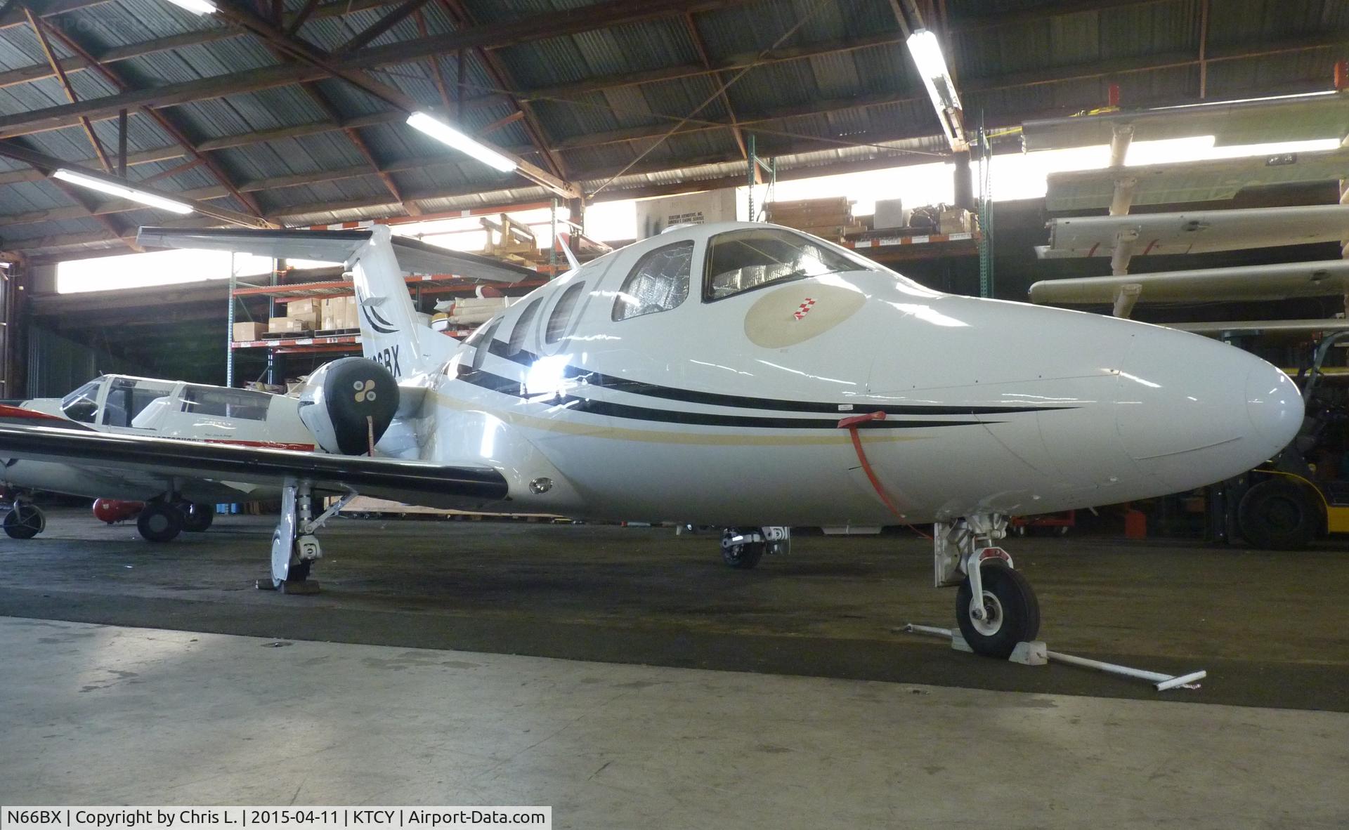 N66BX, 2008 Eclipse Aviation Corp EA500 C/N 000154, A rare 2008 Eclipse 500 sitting inside the Skyview Aviation hangar at Tracy Municipal Airport.