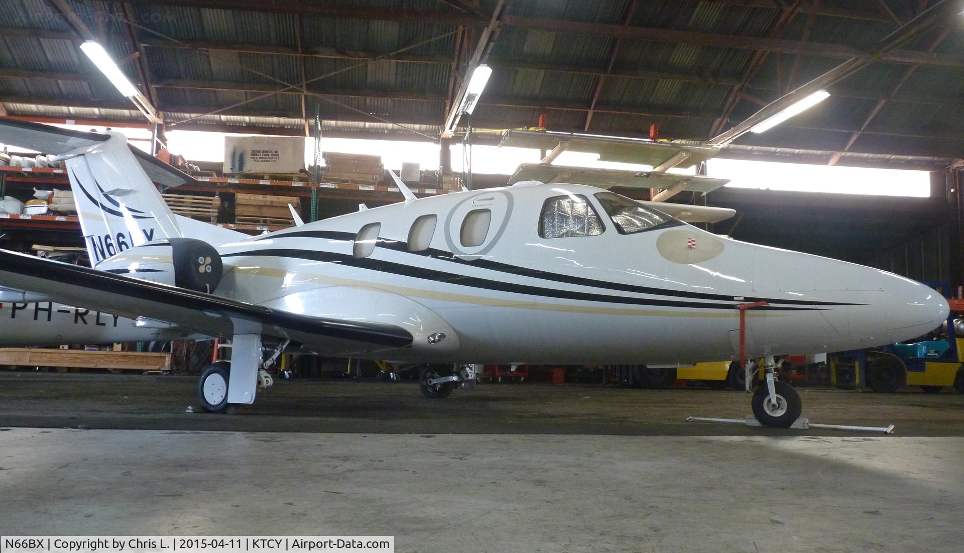 N66BX, 2008 Eclipse Aviation Corp EA500 C/N 000154, A rare 2008 Eclipse 500 sitting inside the Skyview Aviation hangar at Tracy Municipal Airport.