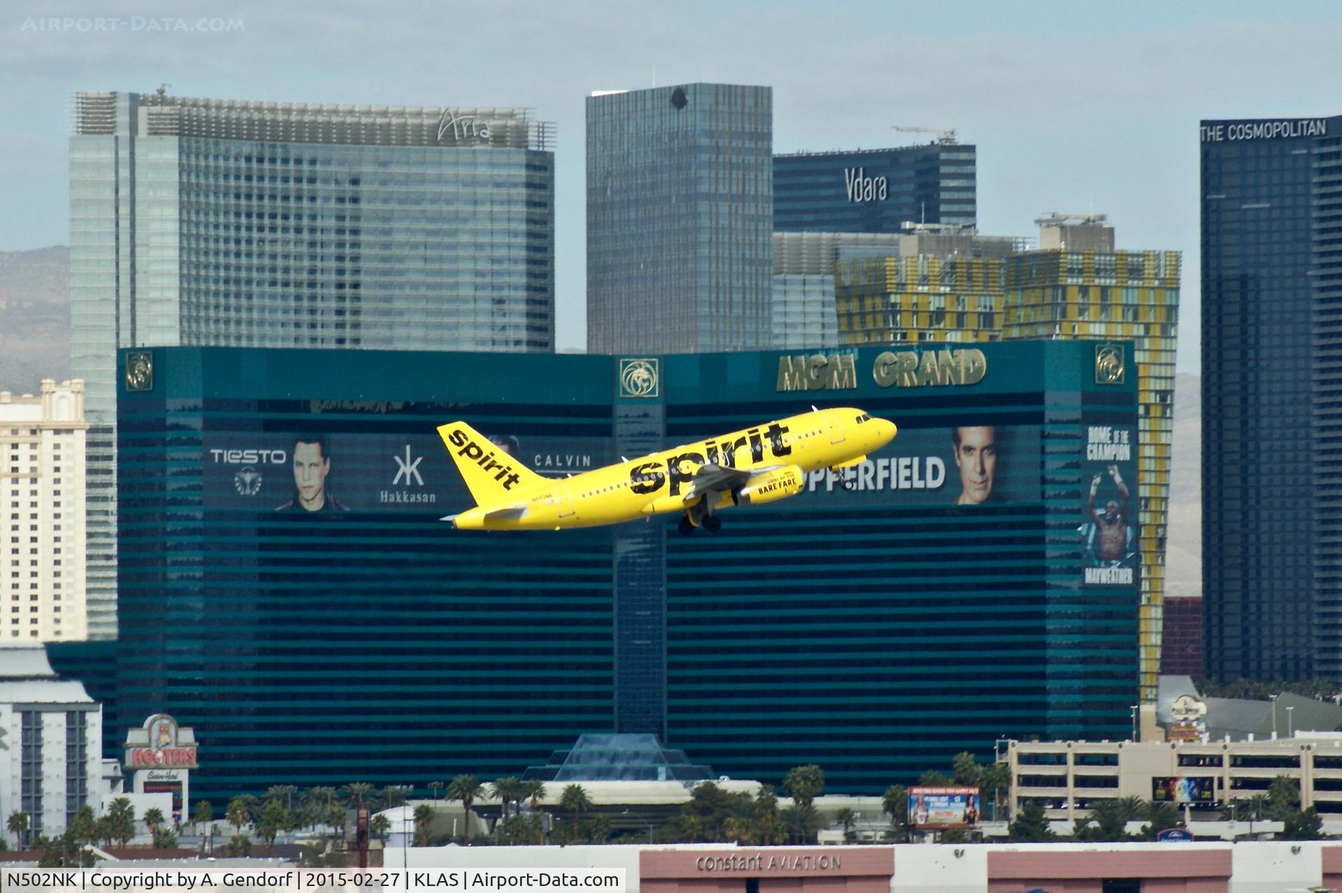 N502NK, 2005 Airbus A319-132 C/N 2433, Spirit Airlines, is here departing at Las Vegas Int'l(KLAS)