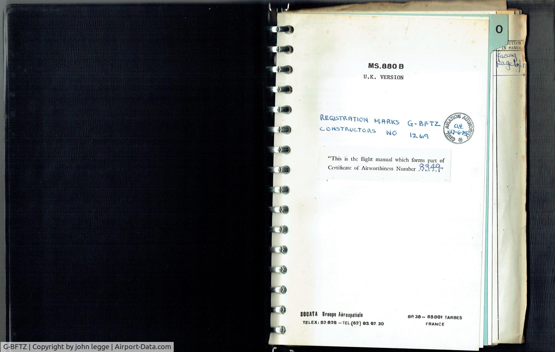 G-BFTZ, 1968 Socata MS-880B Rallye Club C/N 1269, original log book