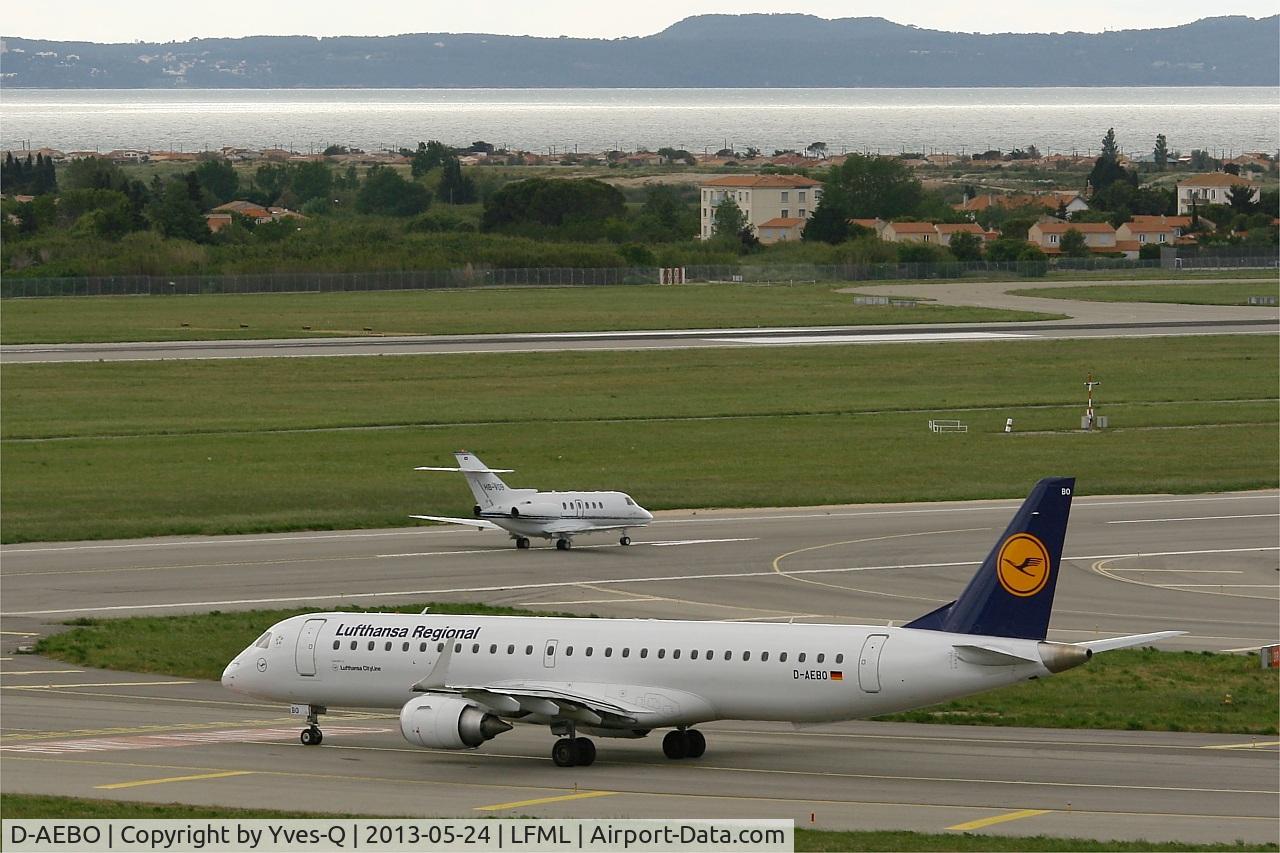 D-AEBO, 2012 Embraer 195LR (ERJ-190-200LR) C/N 19000542, Embraer ERJ-190-200LR 195LR, Holding point Rwy 31R, Marseille-Provence Airport (LFML-MRS)