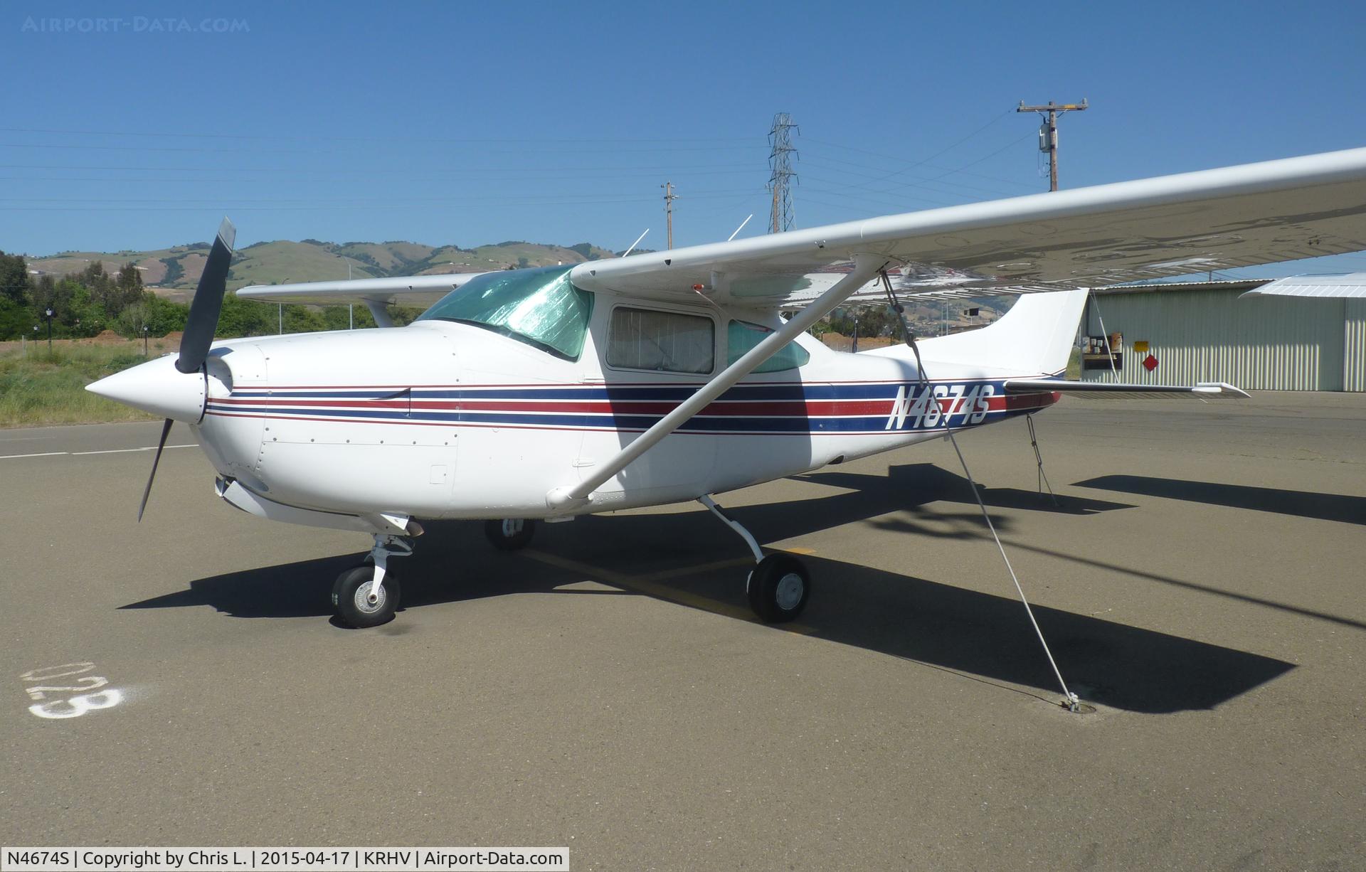 N4674S, Cessna TR182 Turbo Skylane RG C/N R18201376, Locally-based Cessna TR182 sitting at its usual tie down at Reid Hillview Airport, San Jose, CA. I haven't seen it fly before.