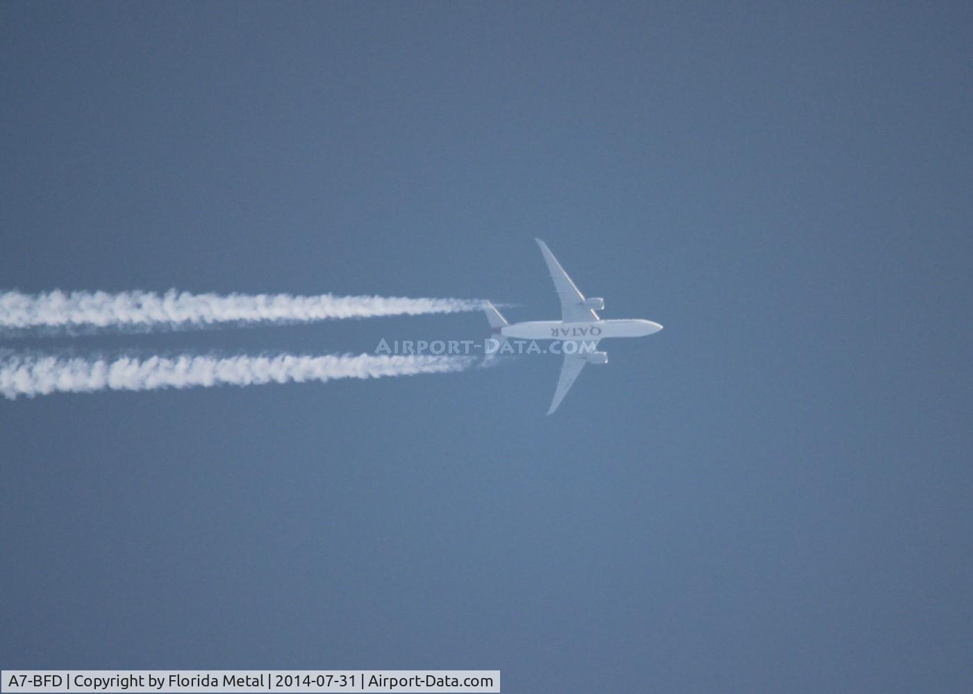 A7-BFD, 2012 Boeing 777-FDZ C/N 41427, Qatar Cargo 777-200LRF flying 35,000 ft over Livonia Michigan flying ORD-MXP
