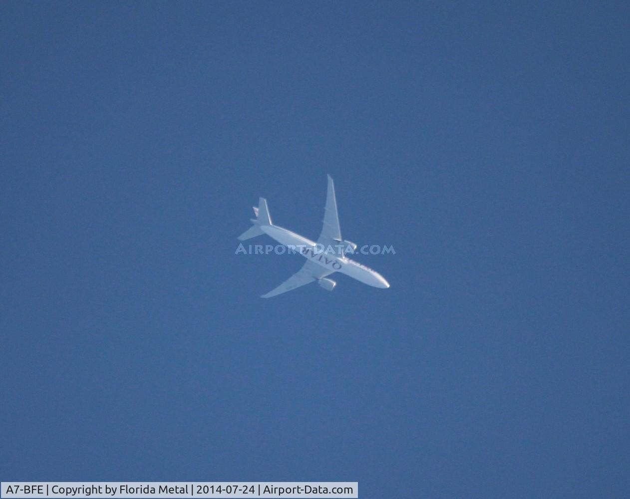A7-BFE, 2013 Boeing 777-FDZ C/N 39644, Qatar Cargo 777-200LRF flying over my mom's house in Livonia Michigan flying ORD-MXP at 33,000 ft with no contrails.  Info from Flight Radar 24