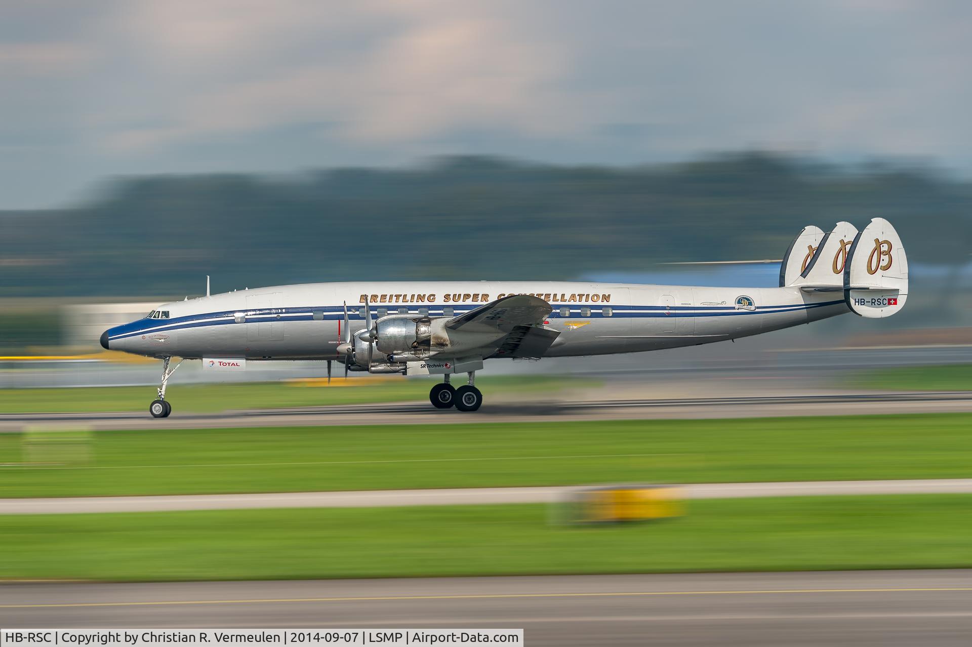 HB-RSC, 1955 Lockheed C-121C Super Constellation (L-1049F) C/N 1049F-4175, Take-off at Swiss Payerne military airport during AIR14 airshow, celebrating i.a. the 100 years existence of the Swiss Air Force.