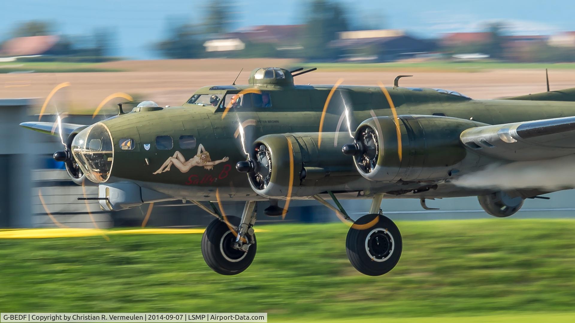 G-BEDF, 1944 Boeing B-17G Flying Fortress C/N 8693, B-17 G Sally B (Memphis Belle) landing at Payerne military airport (Switzerland) during AIR14 airshow