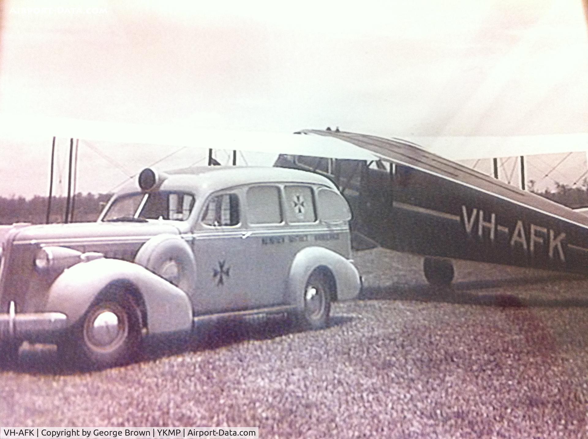 VH-AFK, 1942 De Havilland Australia DH-84 Dragon C/N DHA2024, Taken at Kempsey airport in NSW prior to 1948.  This aircraft was completely destroyed in a crash on 6/09/1948. Original photo is held at Kempsey ambulance station. Reproduced here courtesy of the officer-in-charge.