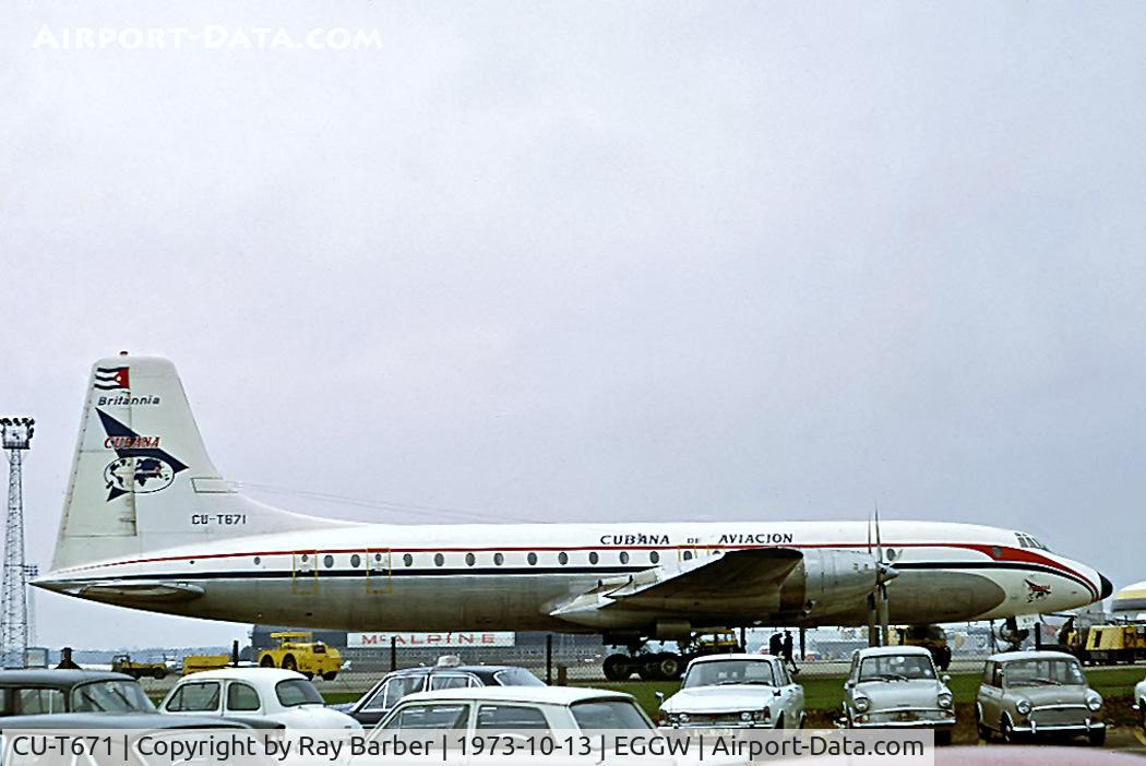 CU-T671, 1959 Bristol 175 Britannia 318 C/N 13515, Bristol Britannia 318 [13515] (Cubana) Luton~G 13/10/1973. From a slide.