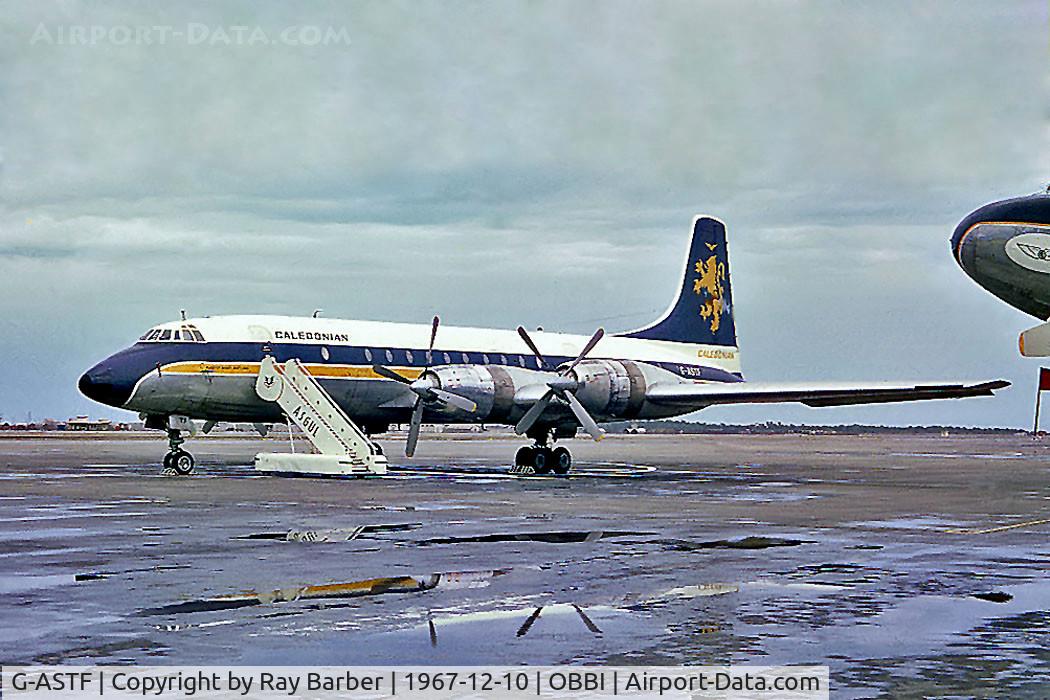 G-ASTF, 1958 Bristol 175 Britannia 314 C/N 13453, Bristol 175 Britannia 314 [13453] (Caledonian Airways) Bahrain-International~A9C 10/12/1967. From a slide.