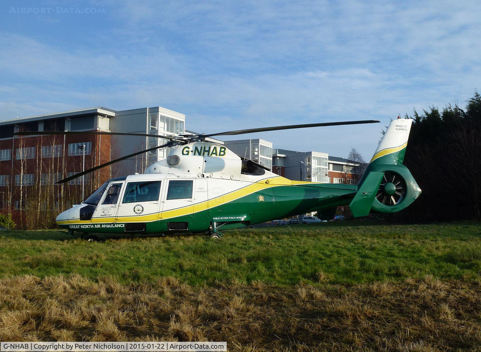 G-NHAB, 1991 Aerospatiale AS-365N-2 Dauphin C/N 6407, This Great North Air Ambulance AS-365N-2 Dauphin was seen on a visit to the Cumberland Infirmary in January 2015.