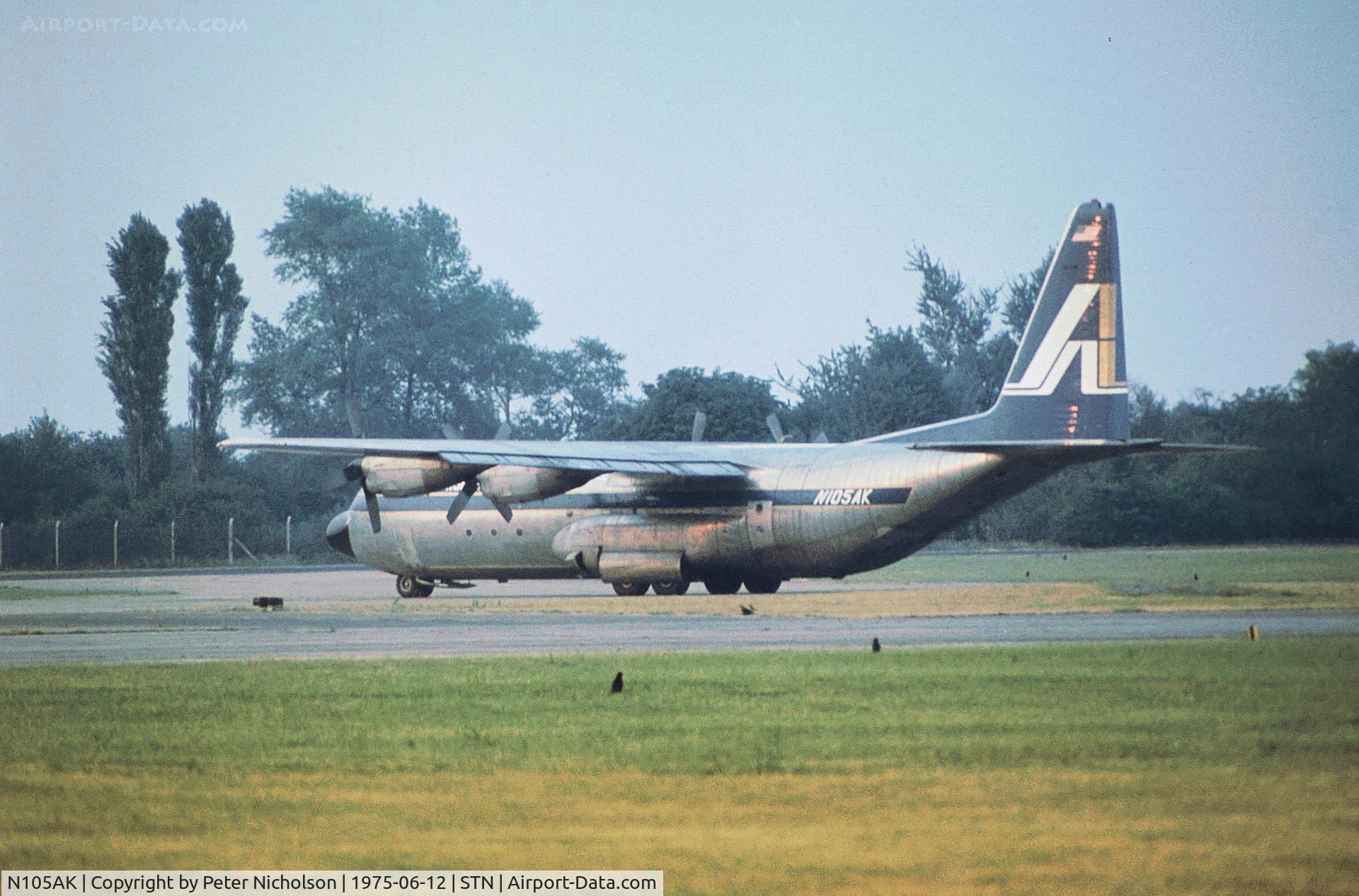 N105AK, 1966 Lockheed L-100-20 Hercules C/N 382-4176, This L-100-20 Hercules of Alaska International Air was seen on a visit to Stansted in the Summer of 1975.