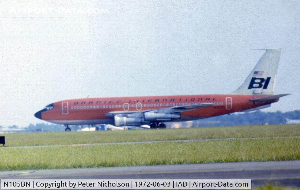 N105BN, 1961 Boeing 707-138B C/N 18068, This Braniff Boeing 707-138B was seen at Dulles International in the Summer of 1972 during Transpo 72.
