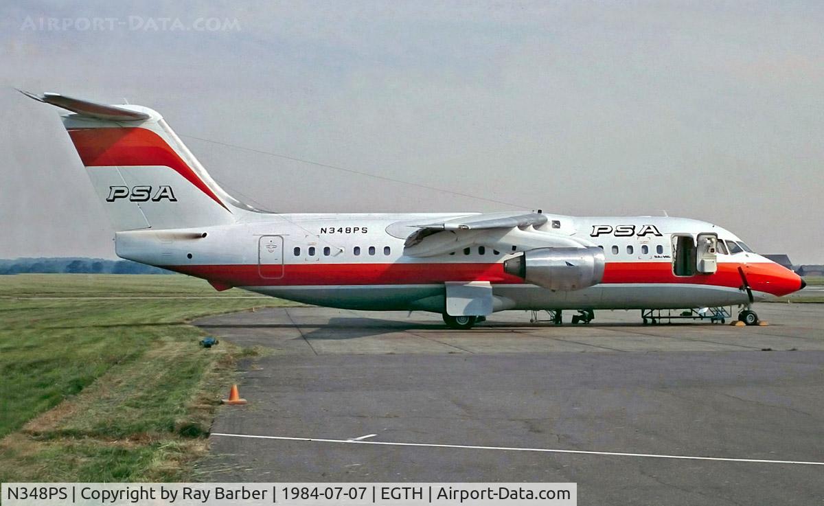 N348PS, 1984 British Aerospace BAe.146-200 C/N E2024, BAe 146-200RJ [E2024] (PSA Pacific Southwest Airlines) Hatfield~G 07/07/1984. From a slide.