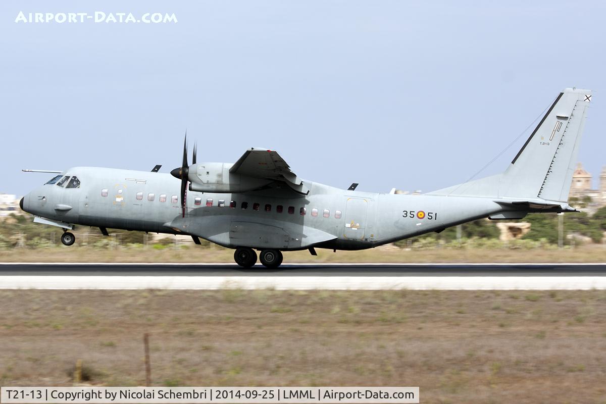 T21-13, 2008 CASA C-295M C/N EA03-12-046, Landing runway 31, support for the Patrulla Aguila at the Malta International Airshow 2014