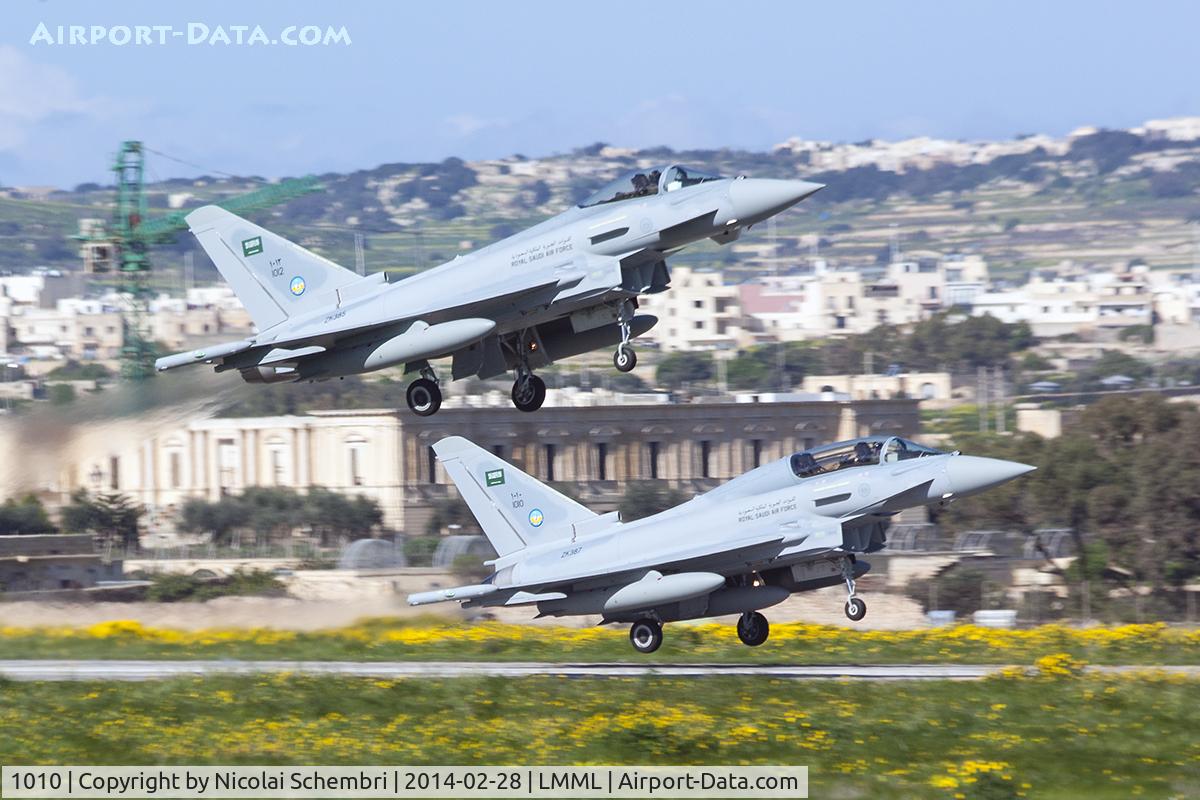 1010, 2013 Eurofighter EF-2000 Typhoon T.3 C/N 370/CT013, 1010 & 1012 departing runway 05 at Luqa