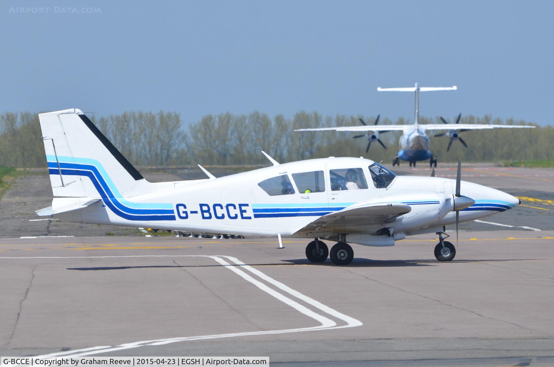 G-BCCE, 1973 Piper PA-23-250 Aztec E C/N 27-7405282, About to depart from Norwich.