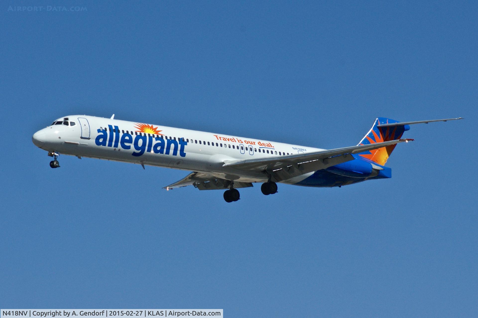 N418NV, 1988 McDonnell Douglas MD-82 (DC-9-82) C/N 49615, Allegiant Air, is here on short finals for it's homebase, Las Vegas Int'l(KLAS)