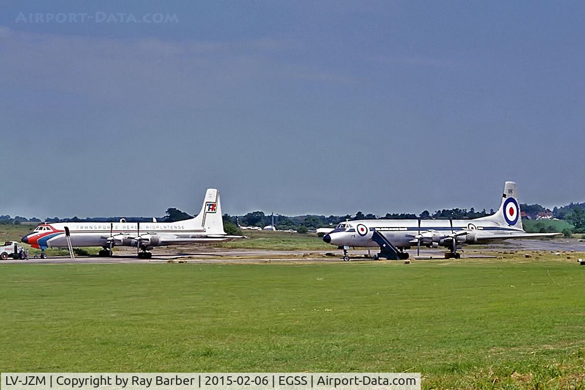LV-JZM, 1965 Canadair CL-44D4-6 C/N 33, LV-JZM   Canadair CL-44 D4-6 [33] (TAR Transporte Aero Rioplatense) & G-ATZH/XV196   Canadair CL-44 D4-2 (21) (Transmeridian) Stansted~G 17/07/1972.  G-ATZH painted up as XV196 for the film 