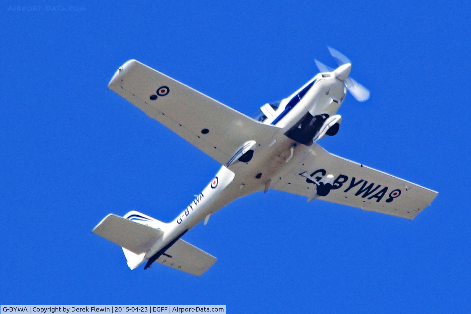 G-BYWA, 2000 Grob G-115E Tutor T1 C/N 82136/E, Tutor, Babcock Aaerospace Ltd, University of Wales Air Squadron, MOD St Athan based, callsign UAW 22, seen in the overhead.