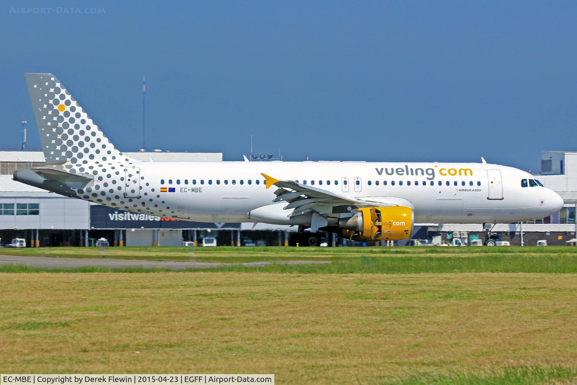 EC-MBE, 2008 Airbus A320-211 C/N 3476, A320-211, call sign Vueling 1241, previously F-WWDG, A6-ABL, EI-FDU, seen landing on runway 12, out of Alicante, note open reverse thruster doors.