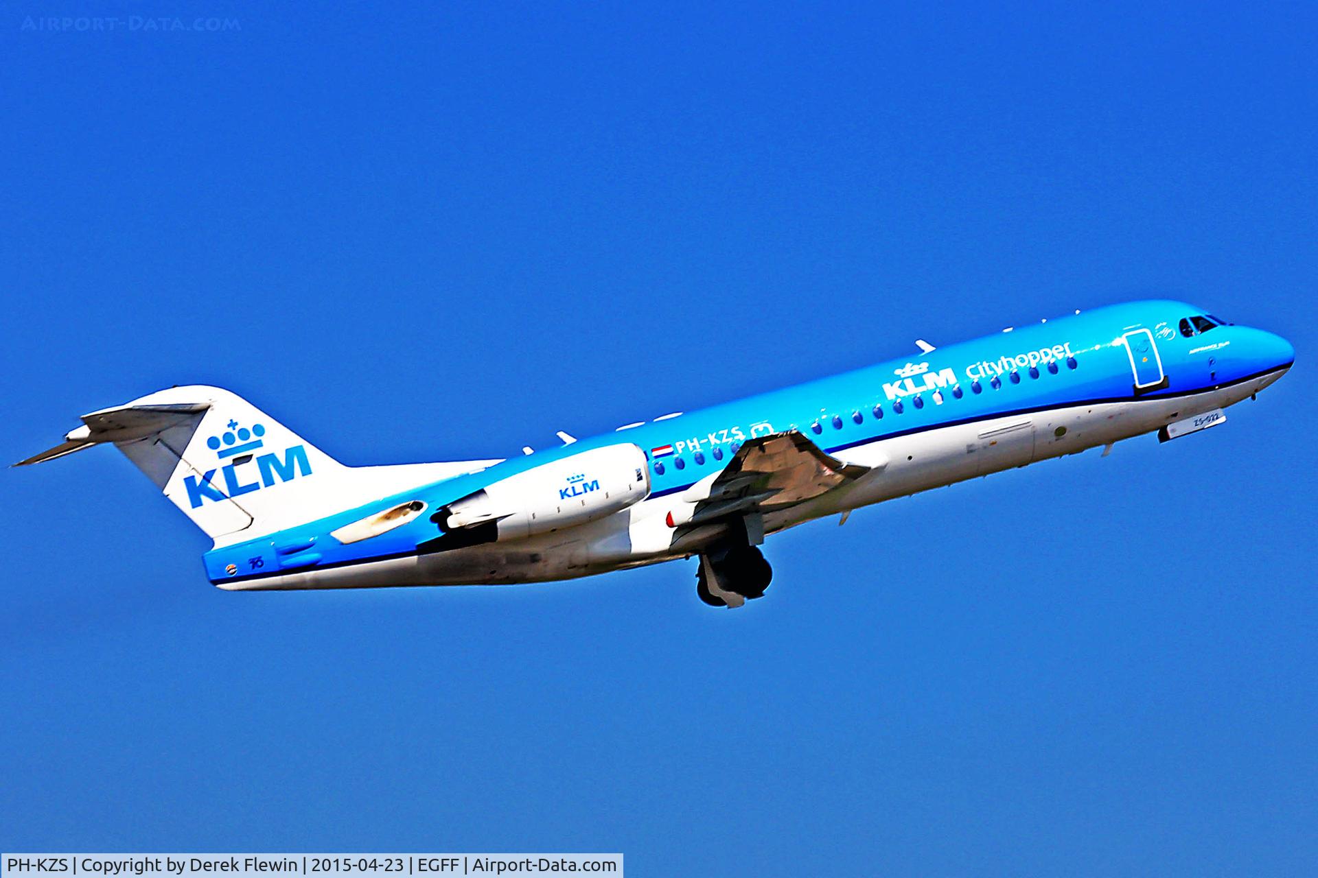 PH-KZS, 1995 Fokker F70 (F-28-0070) C/N 11540, Fokker 70, KLM Cityhopper, Norwich based, call sign KLM50R, previously PH-EZS, F-GLIS, PH-EZS, F-GLIS, seen departing runway 12, en-route to Amsterdam.