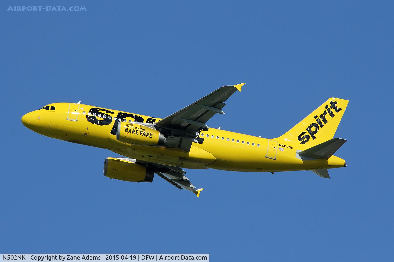 N502NK, 2005 Airbus A319-132 C/N 2433, Spirit Airlines departing DFW Airport