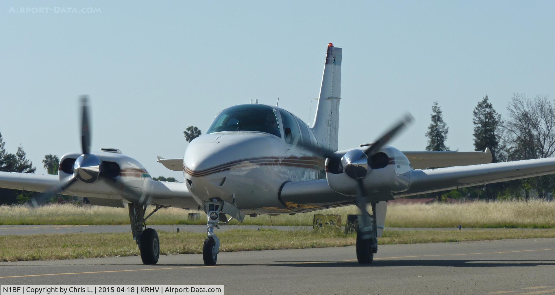 N1BF, 1973 Beech E-55 Baron C/N TE-961, A local 1973 Beechcraft Baron 55 taxing back to its hangar after an IFR flight from Palm Springs. Photo taken at Reid Hillview Airport, CA.
