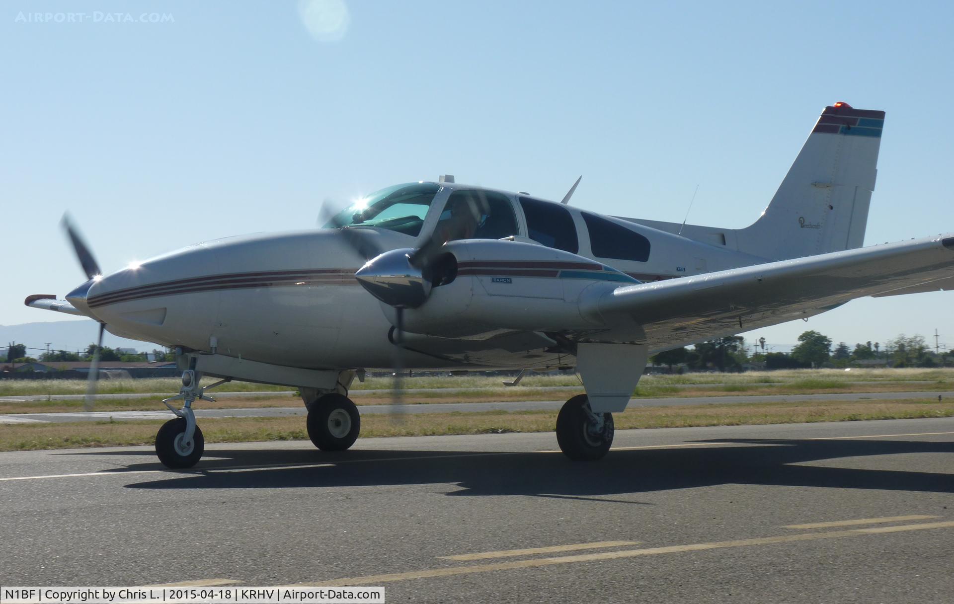 N1BF, 1973 Beech E-55 Baron C/N TE-961, A local 1973 Beechcraft Baron 55 taxing back to its hangar after an IFR flight from Palm Springs. Photo taken at Reid Hillview Airport, CA.