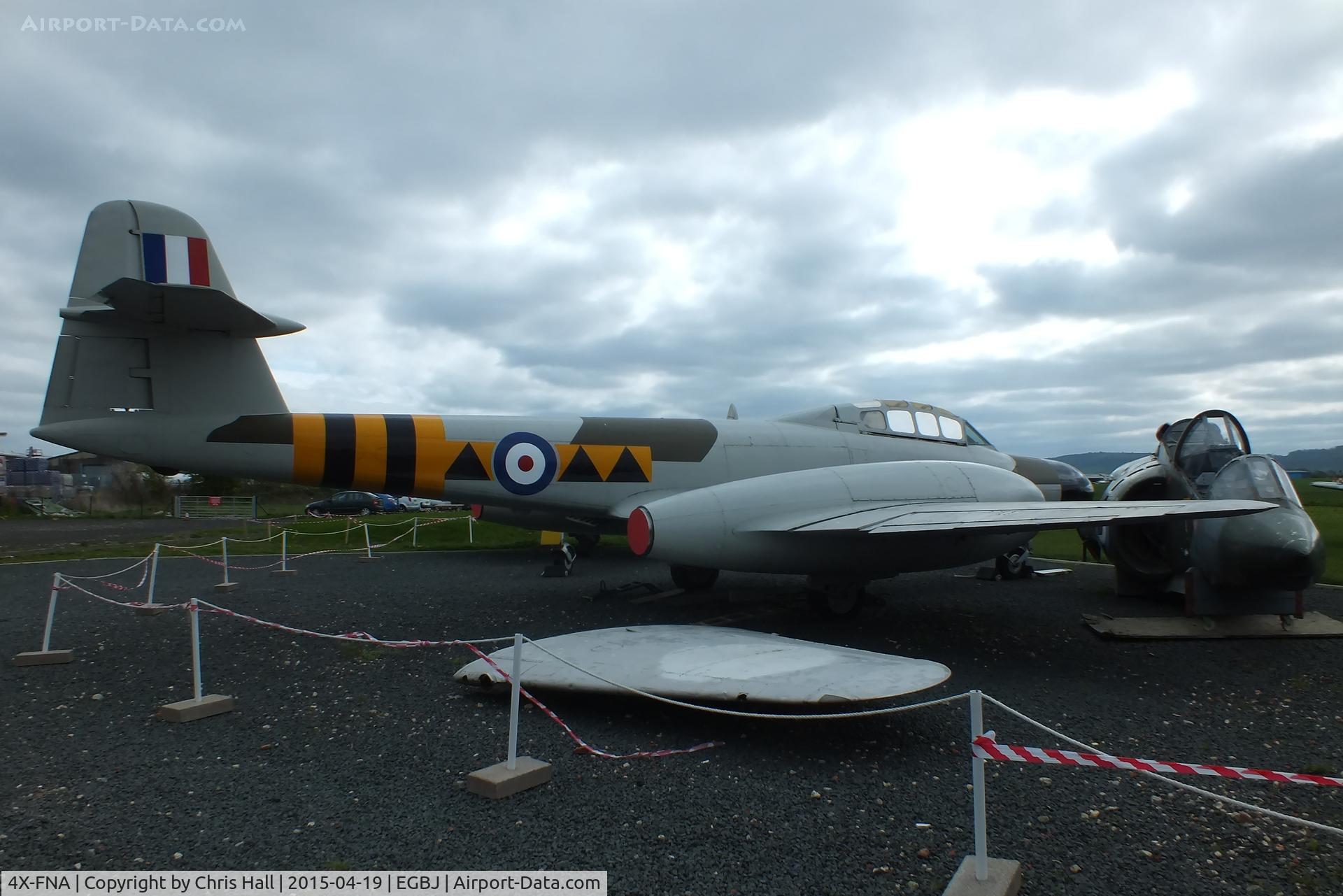 4X-FNA, 1953 Gloster Meteor NF.13 C/N 5616, a composite airframe, centre section comprises of cockpit, fuel tanks, inner wings, engine housings and undercarriage from 4X-FNA. The tail section  from VZ462, Outer wing parts from WD220